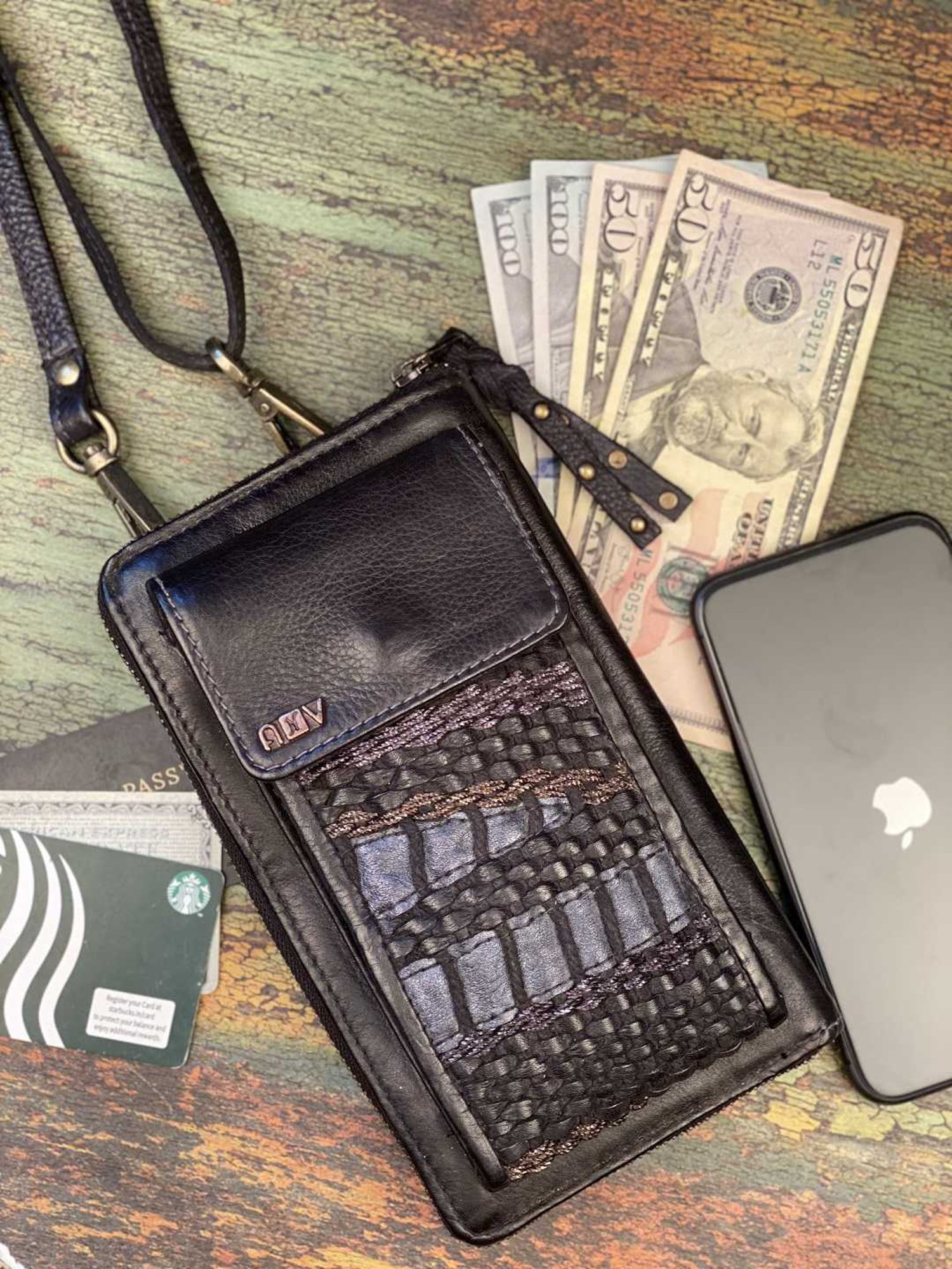 Art N Vintage Naamah Black Leather Textured  Zip Around Wallet for Women