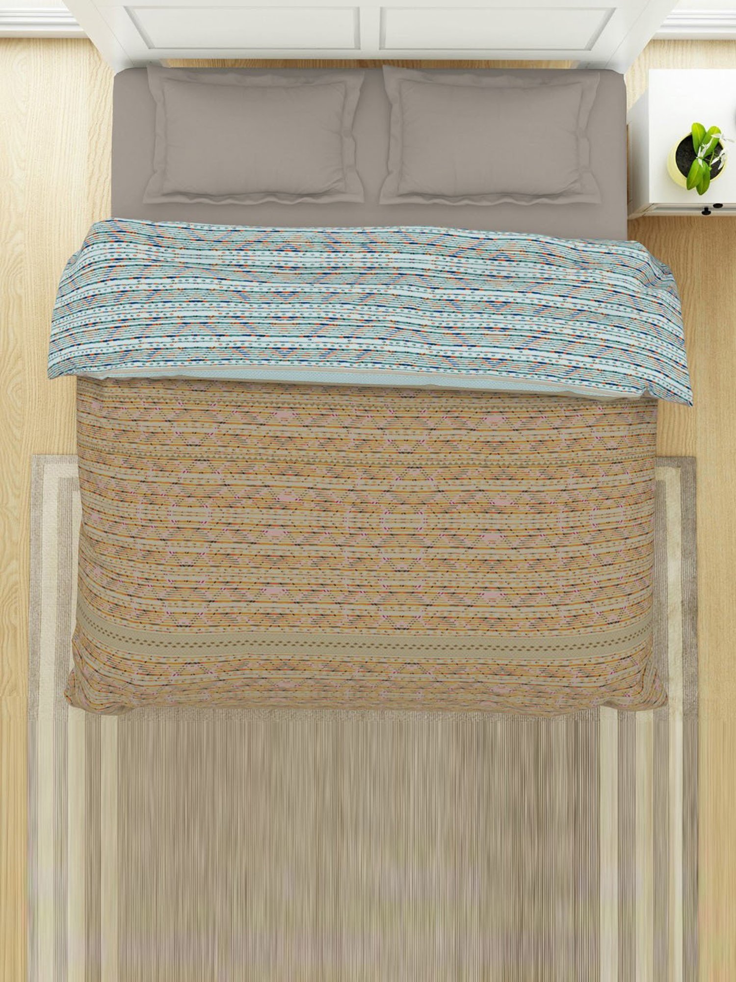 Spaces Printed Beige Cotton Shell Double Bed Quilt