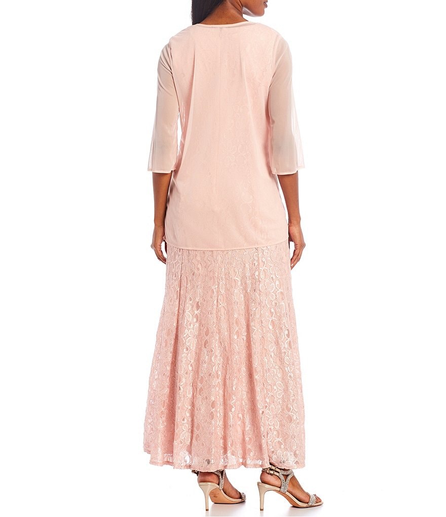 R & M Richards Glitter Lace Beaded Neck 2-Piece Jacket Gown