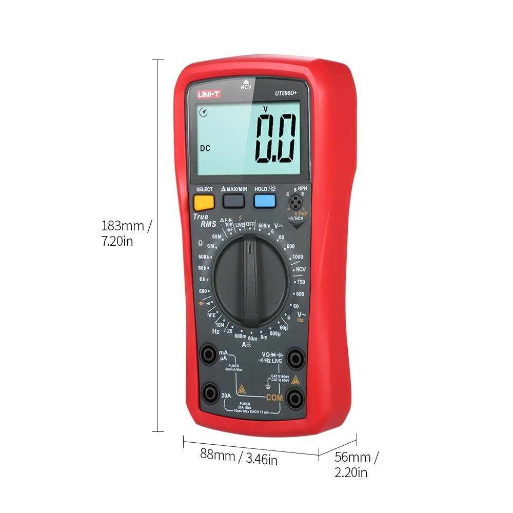 UNI-T UT890D+ Digital Multimeter True RMS Handheld Mini Universal Meter AC DC Voltmeter Ammeter High Accuracy Measure AC/DC Voltage Current Resistance Capacitance Frequency Diode Tester Fire Wire