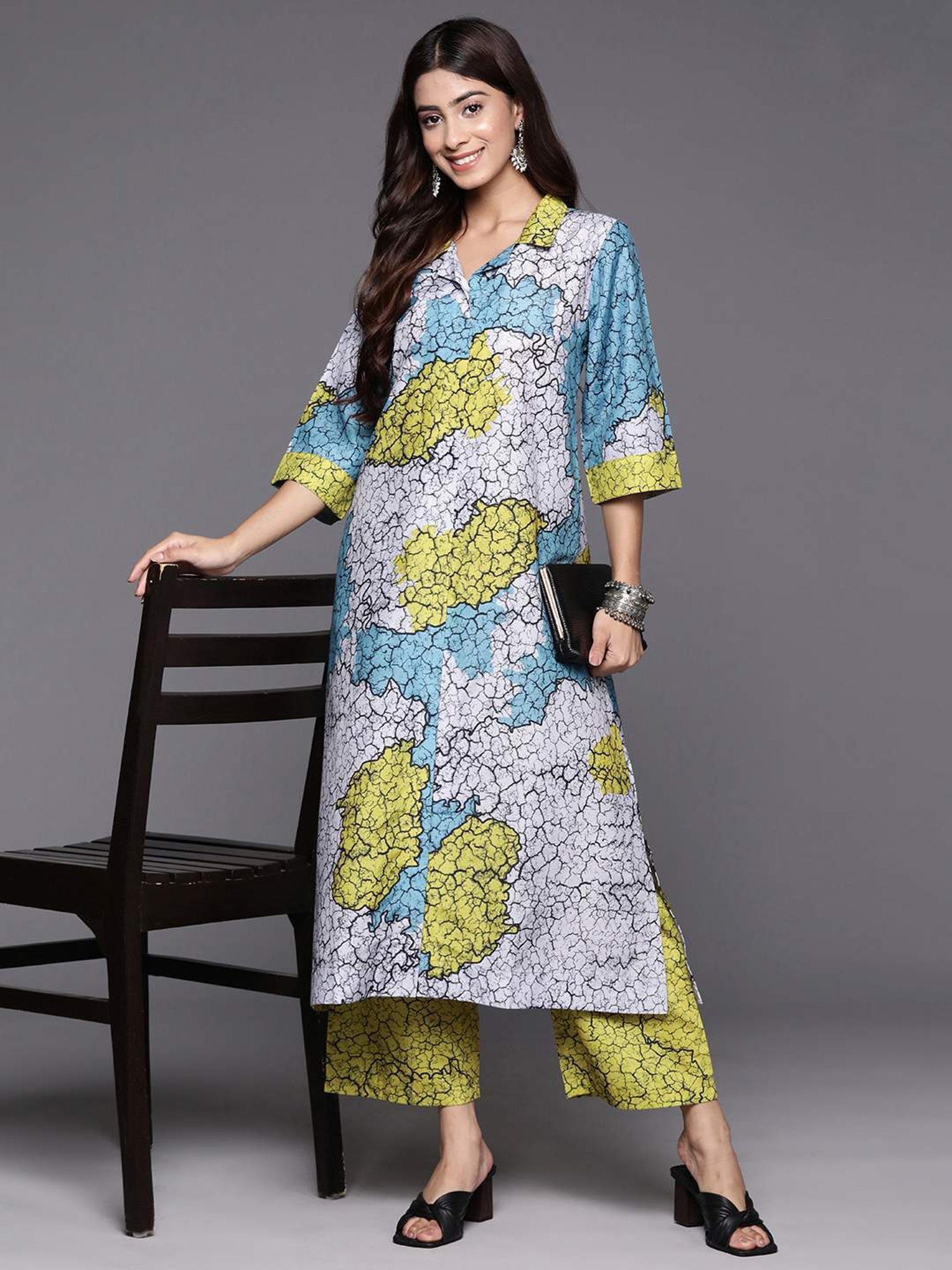 Varanga Blue & Green Cotton Printed Kurta Palazzo Set
