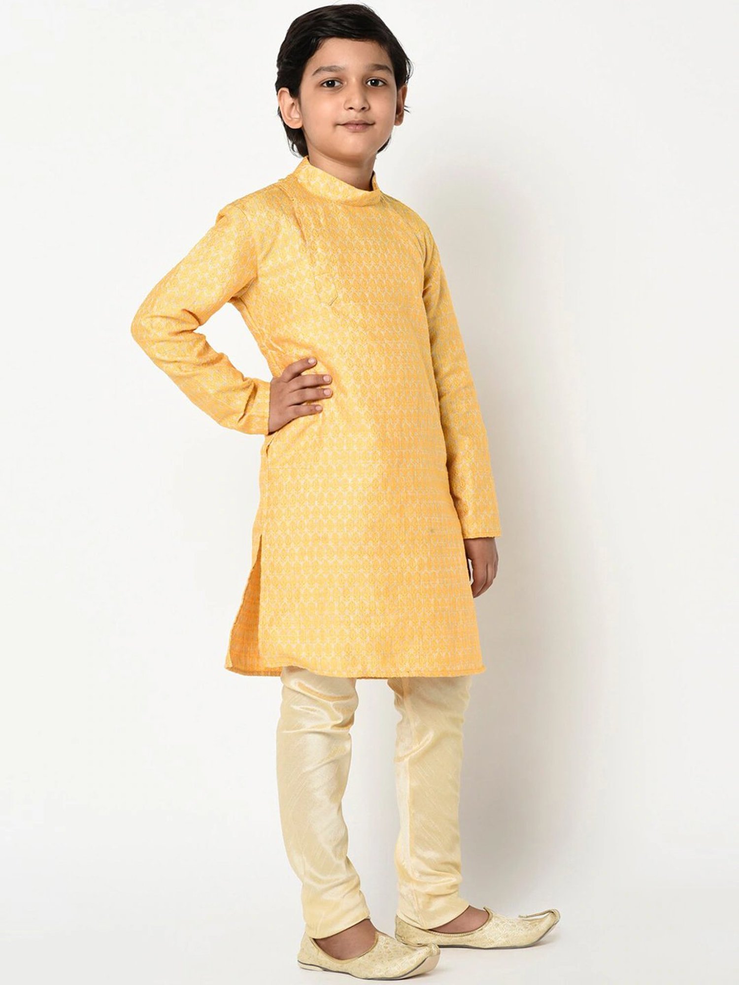 Deyann Kids Yellow & Cream Embroidery Full Sleeves Kurta with Churidar Pants