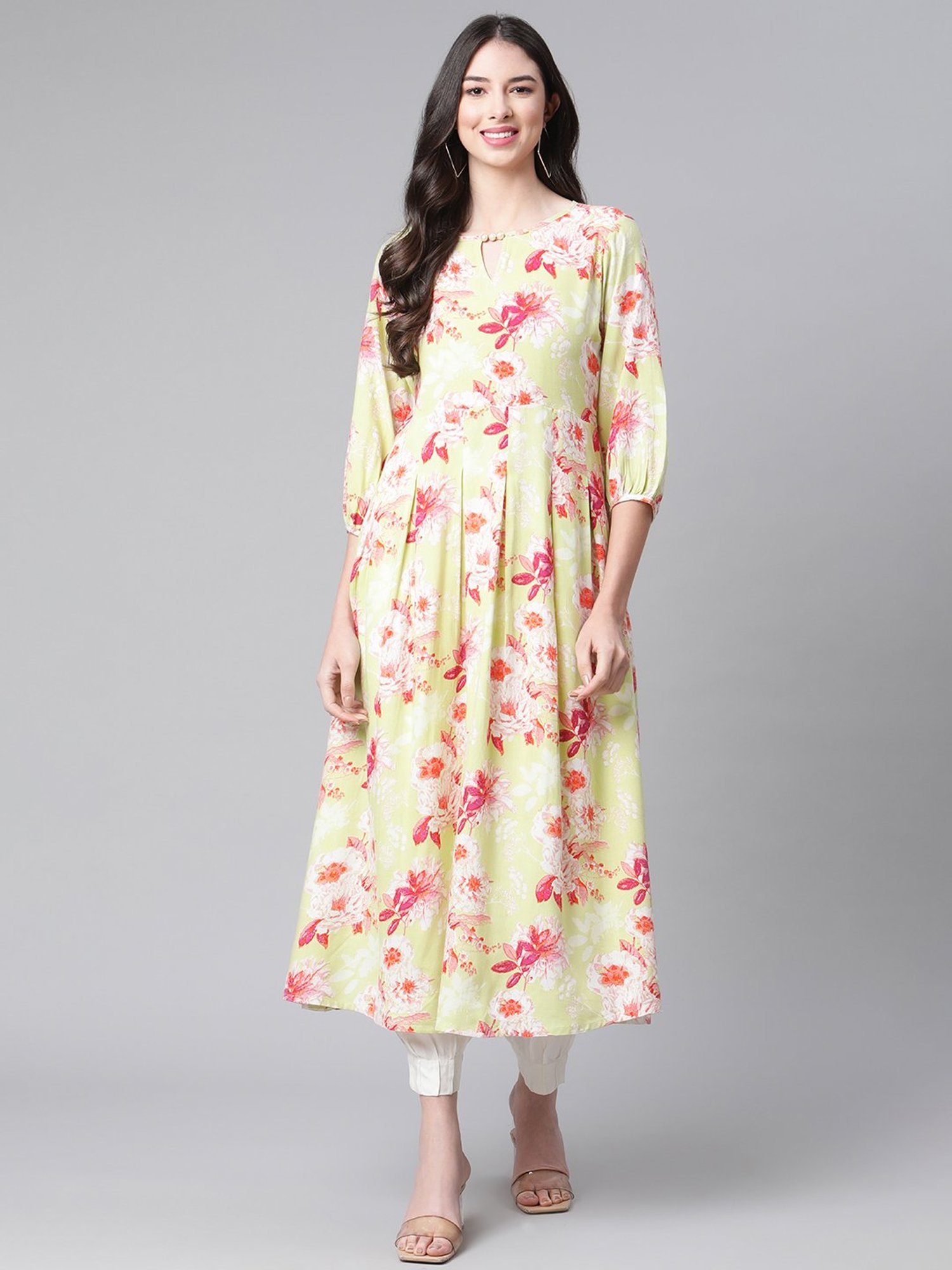 Indibelle Lime Green Floral Print A Line Kurta