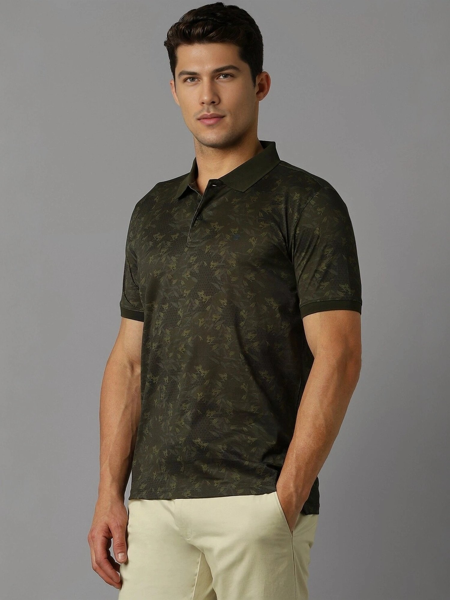 Louis Philippe Green Cotton Regular Fit Printed Polo T-Shirt