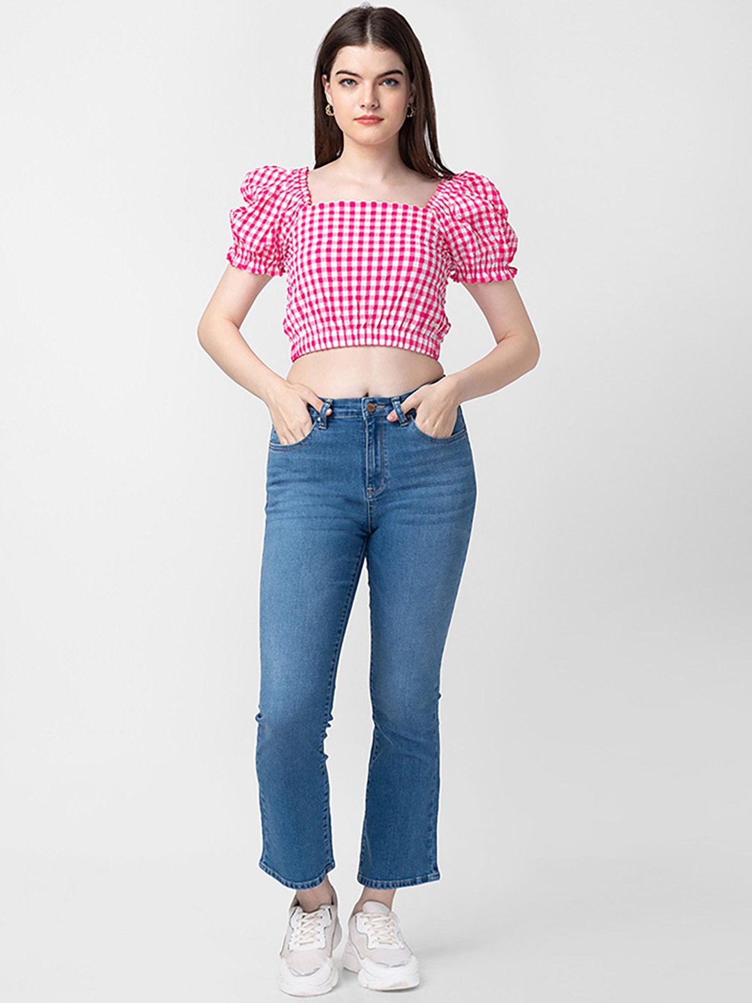 Spykar Pink Cotton Chequered Crop Top