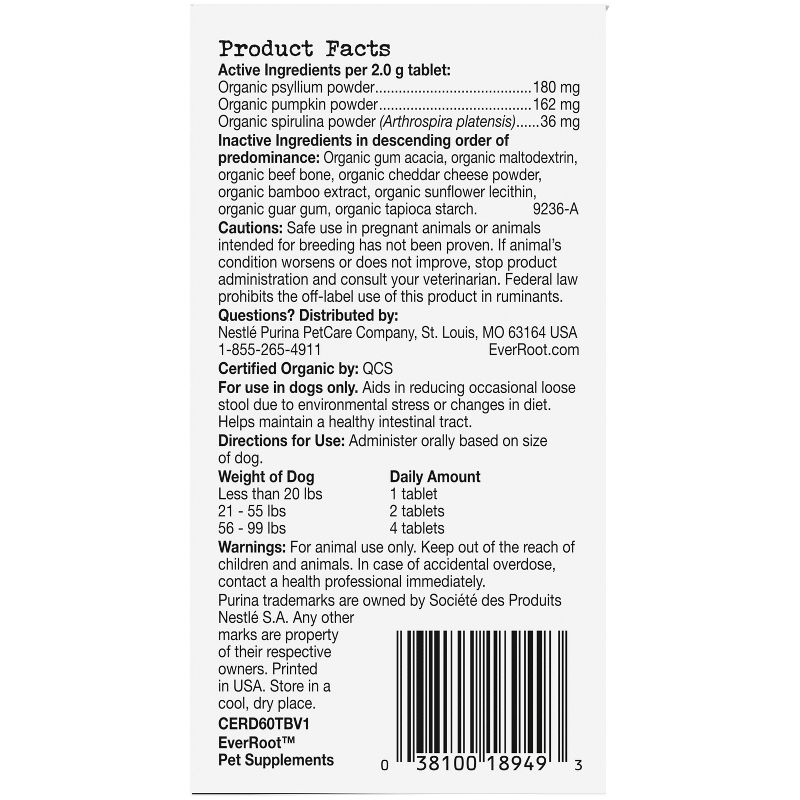 Purina EverRoot Natural, Organic Digestion Dog Supplement  Chewable Tablets - 60ct