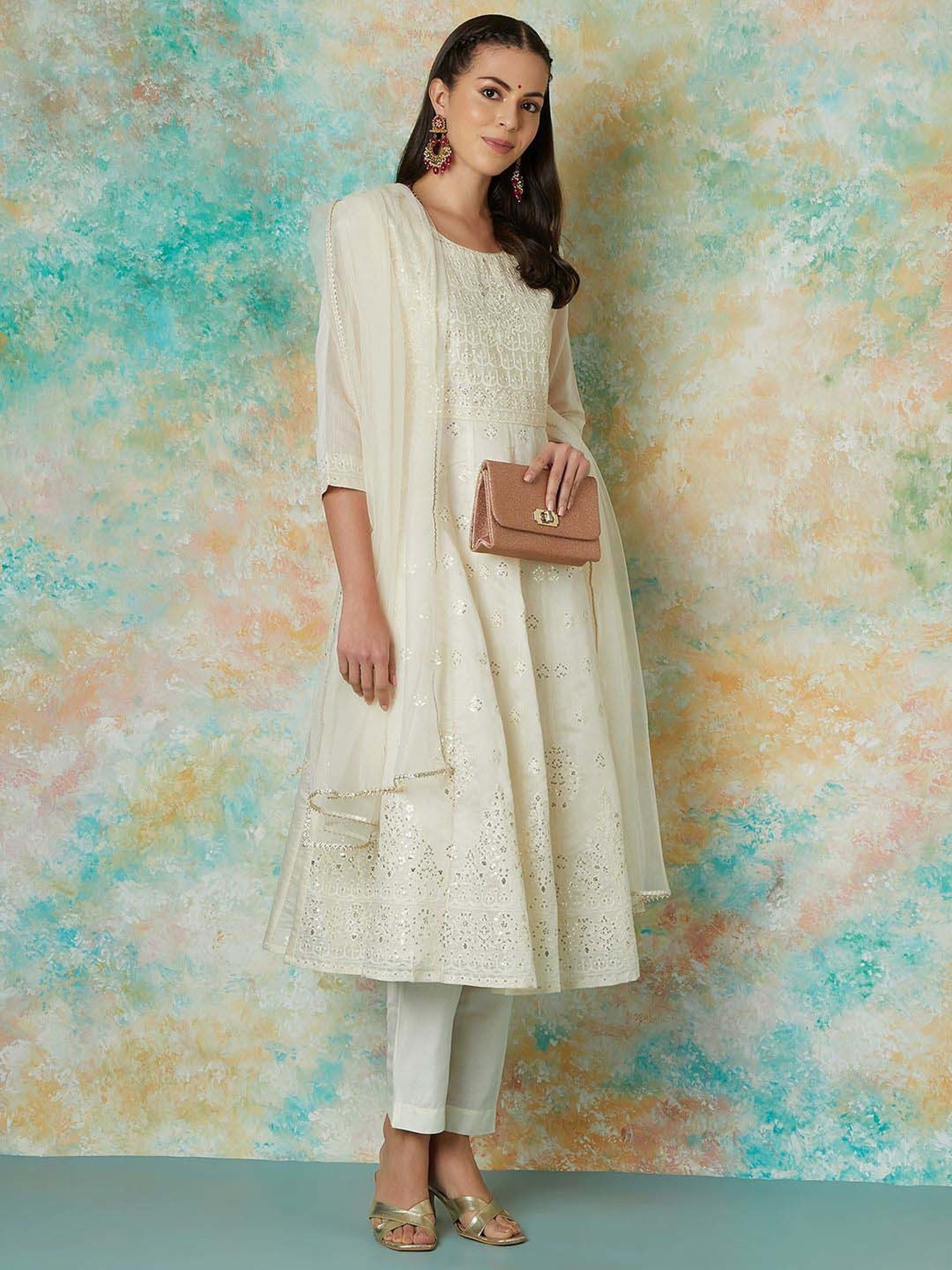 Melange by Lifestyle Off White Embroidered Kurta & Pant Set With Dupatta