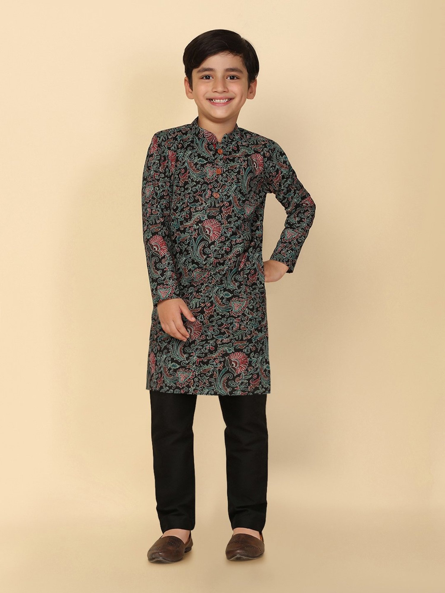 VASTRAMAY Boys Yellow & White Cotton Printed Full Sleeves Kurta Sets
