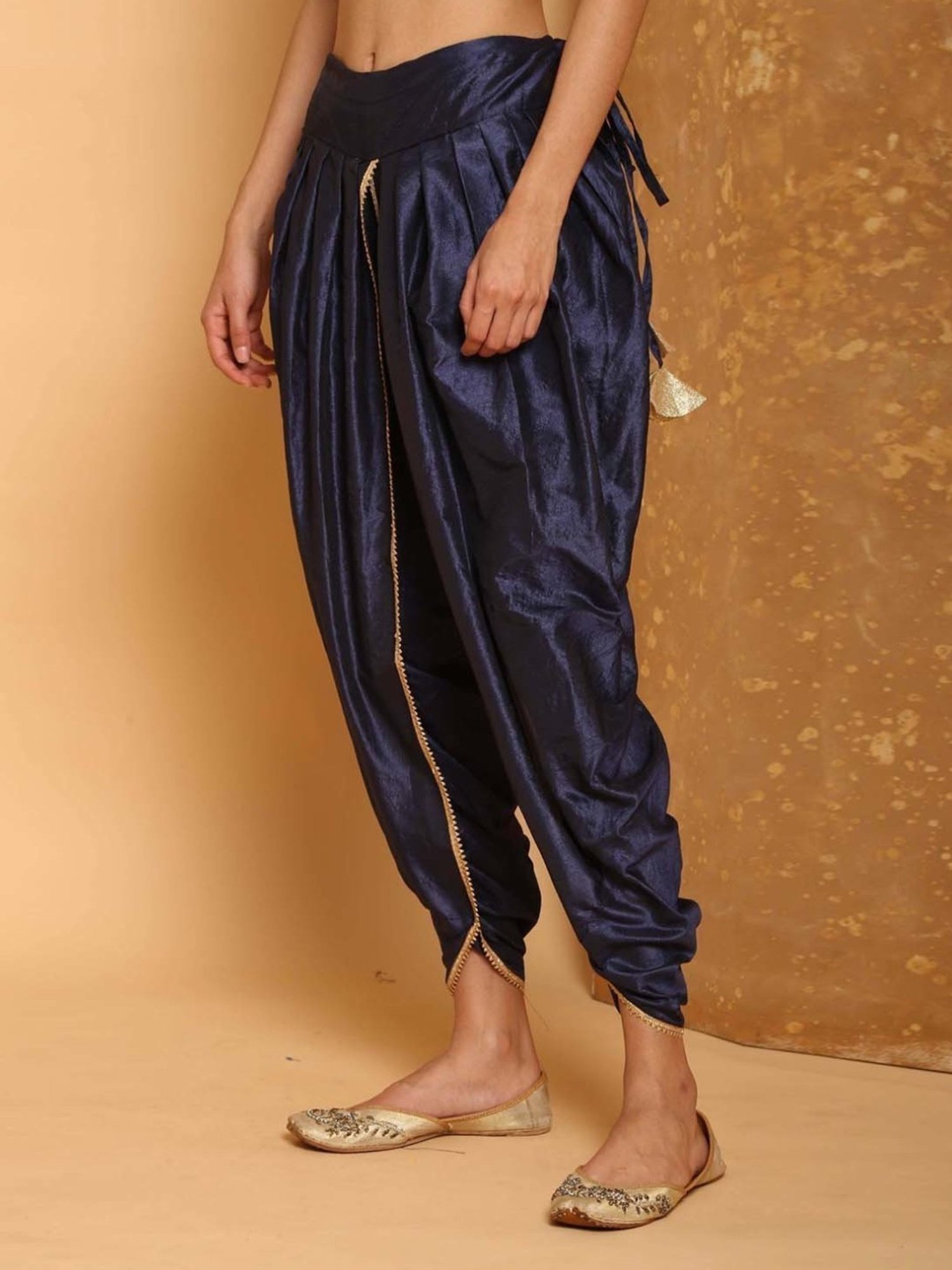 Kaanchie Nanggia Navy Blue Cotton Silk Pleated Dhoti Pants