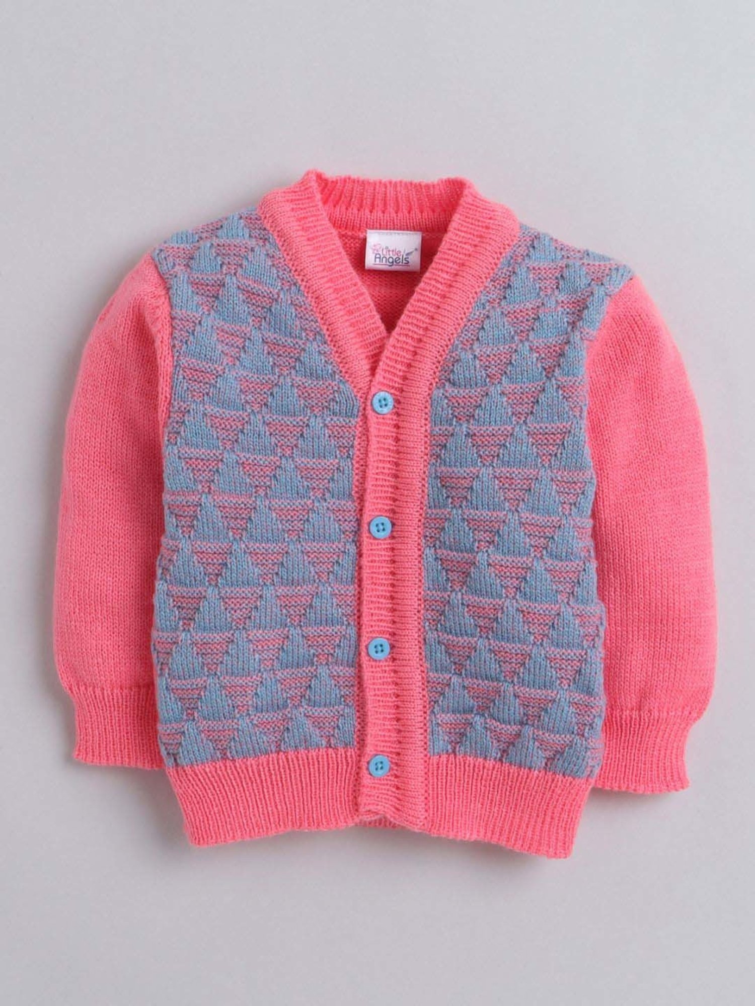 Little Angels Kids Neon Pink & Blue Textured Pattern Full Sleeves Sweater Set