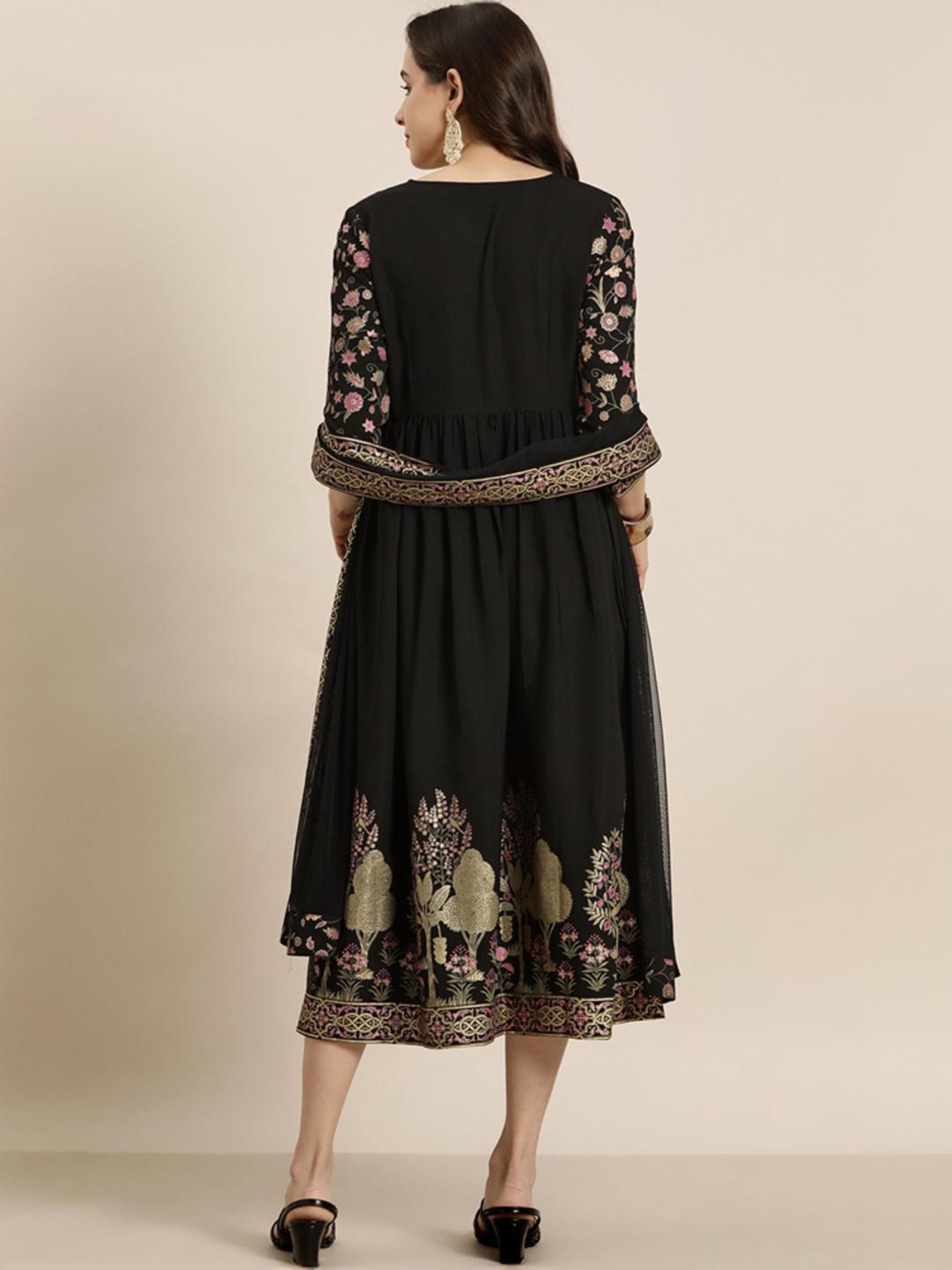 Ziyaa Black Printed A-Line Dress With Dupatta