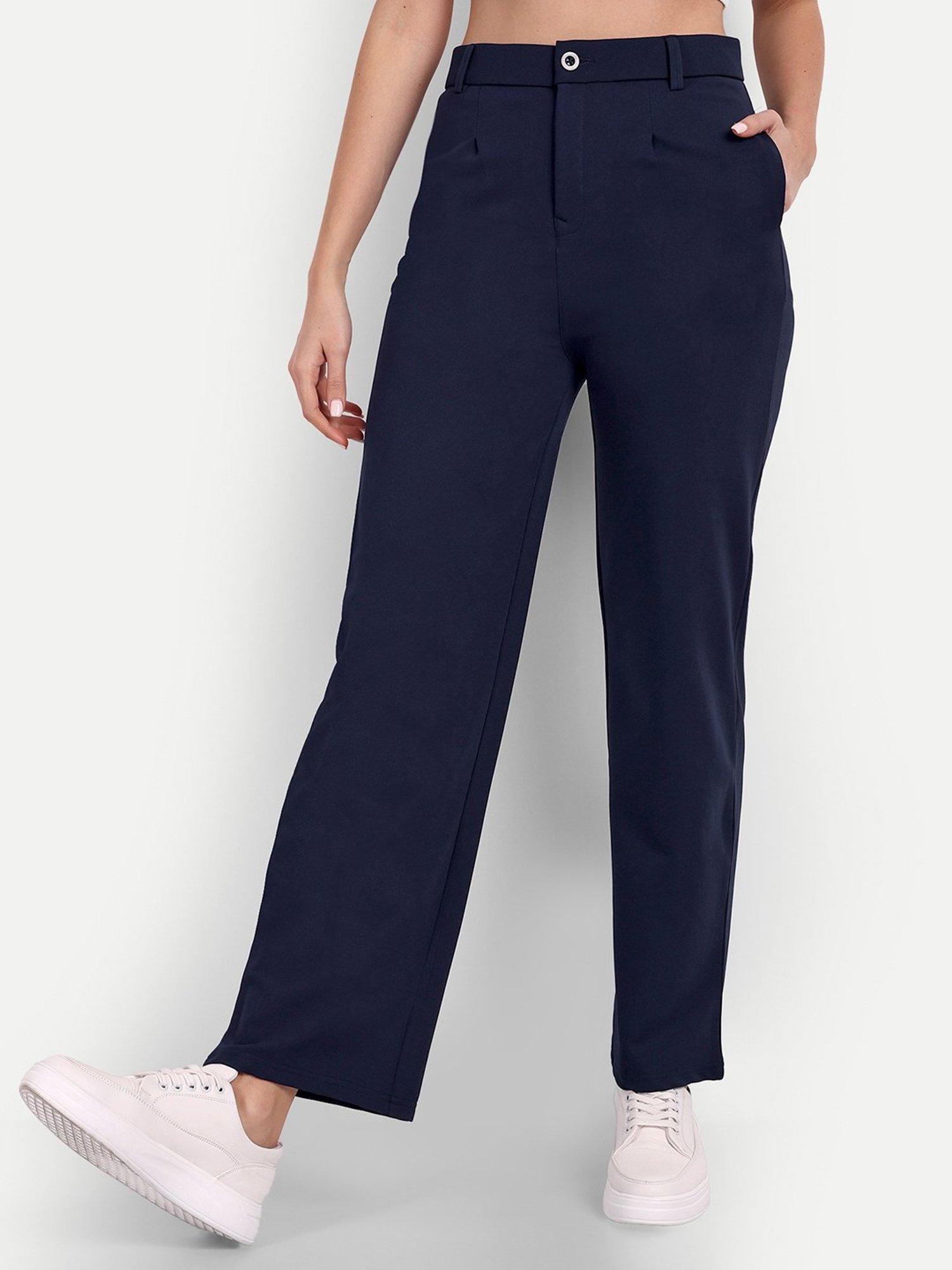 Broadstar Navy Straight Fit High Rise Trousers