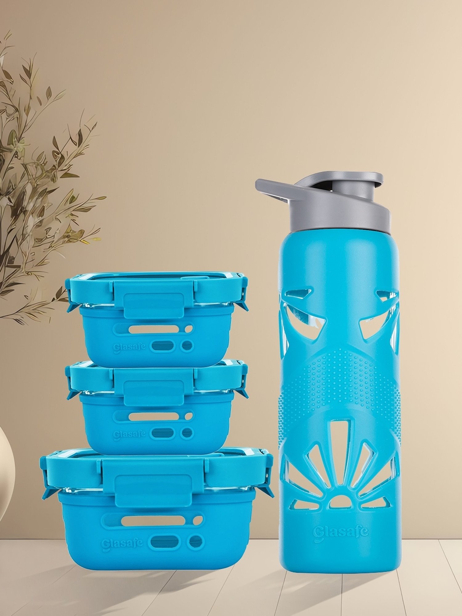 Glasafe Solo On-the-go Tranquil Teal Borosilicate Tiffin Combo