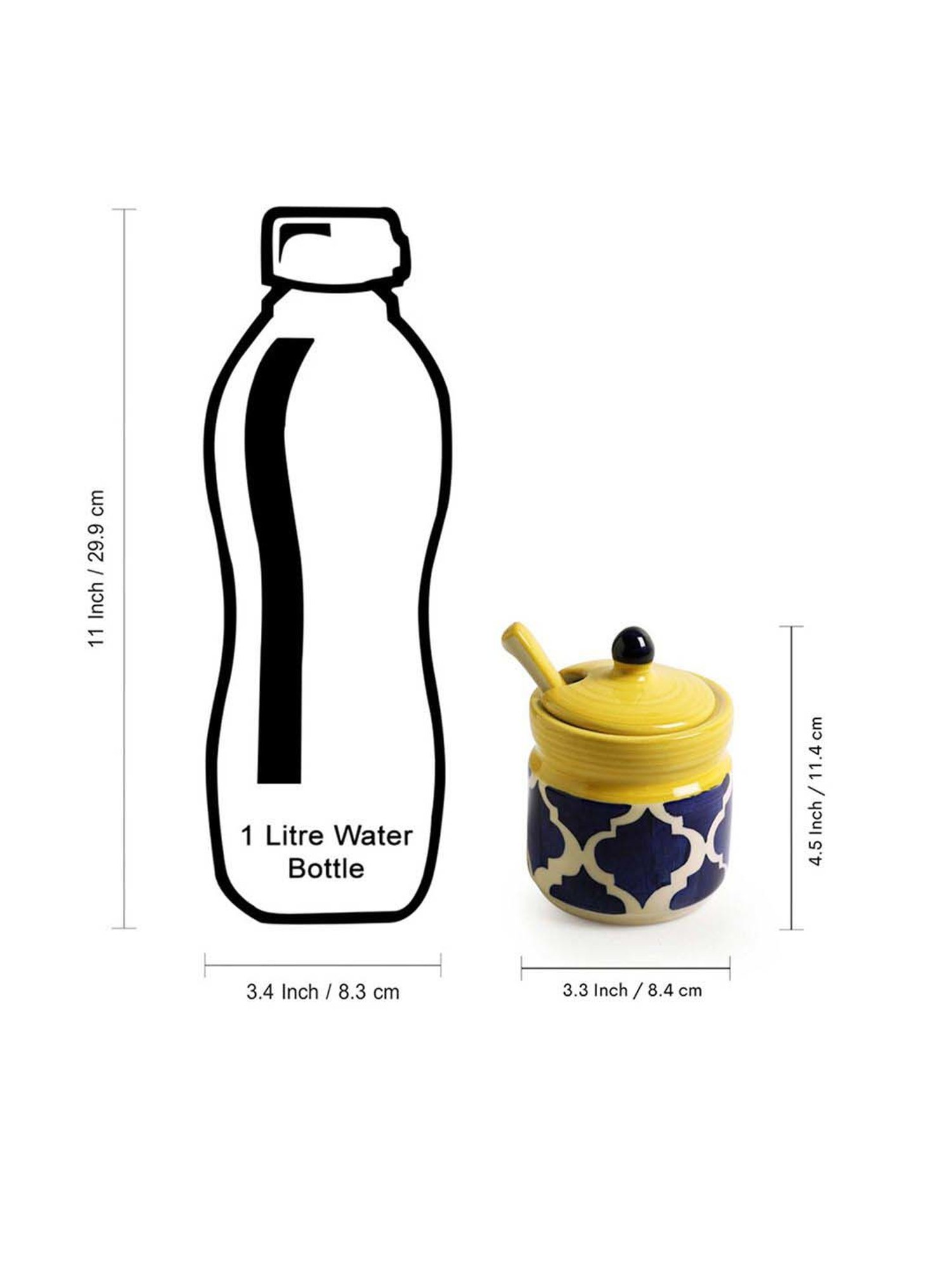 ExclusiveLane Blue & Yellow Ceramic Moroccan Pickle Jar Set with Iron Tray & Spoon