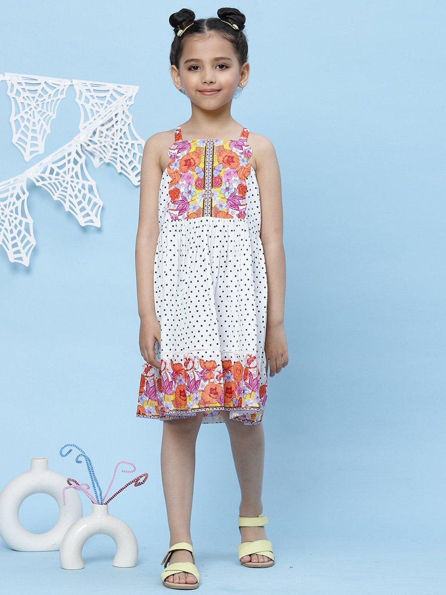 BIBA Girls White Cotton Printed Dress