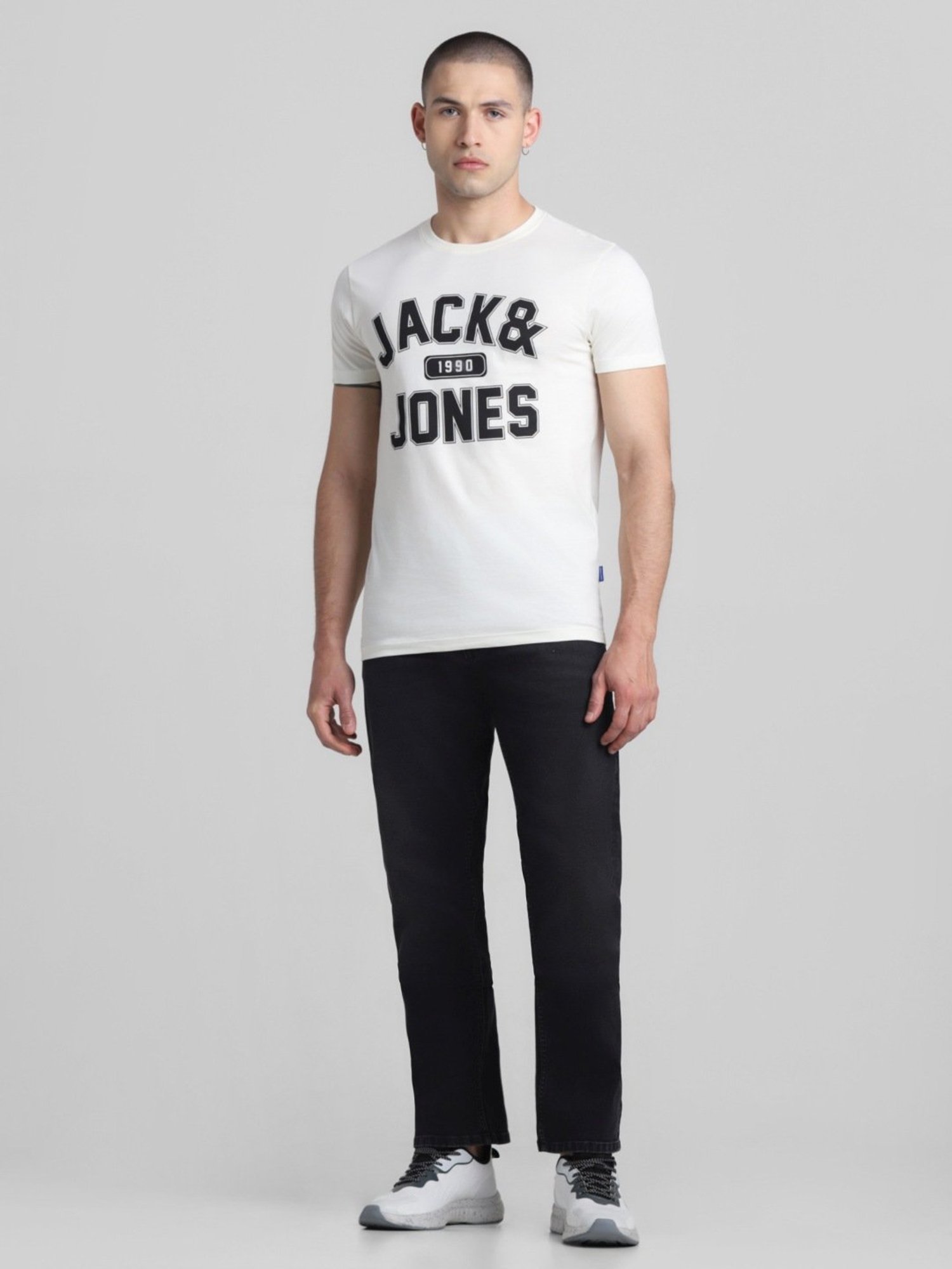 Jack & Jones Star White Cotton Slim Fit Printed T-Shirt