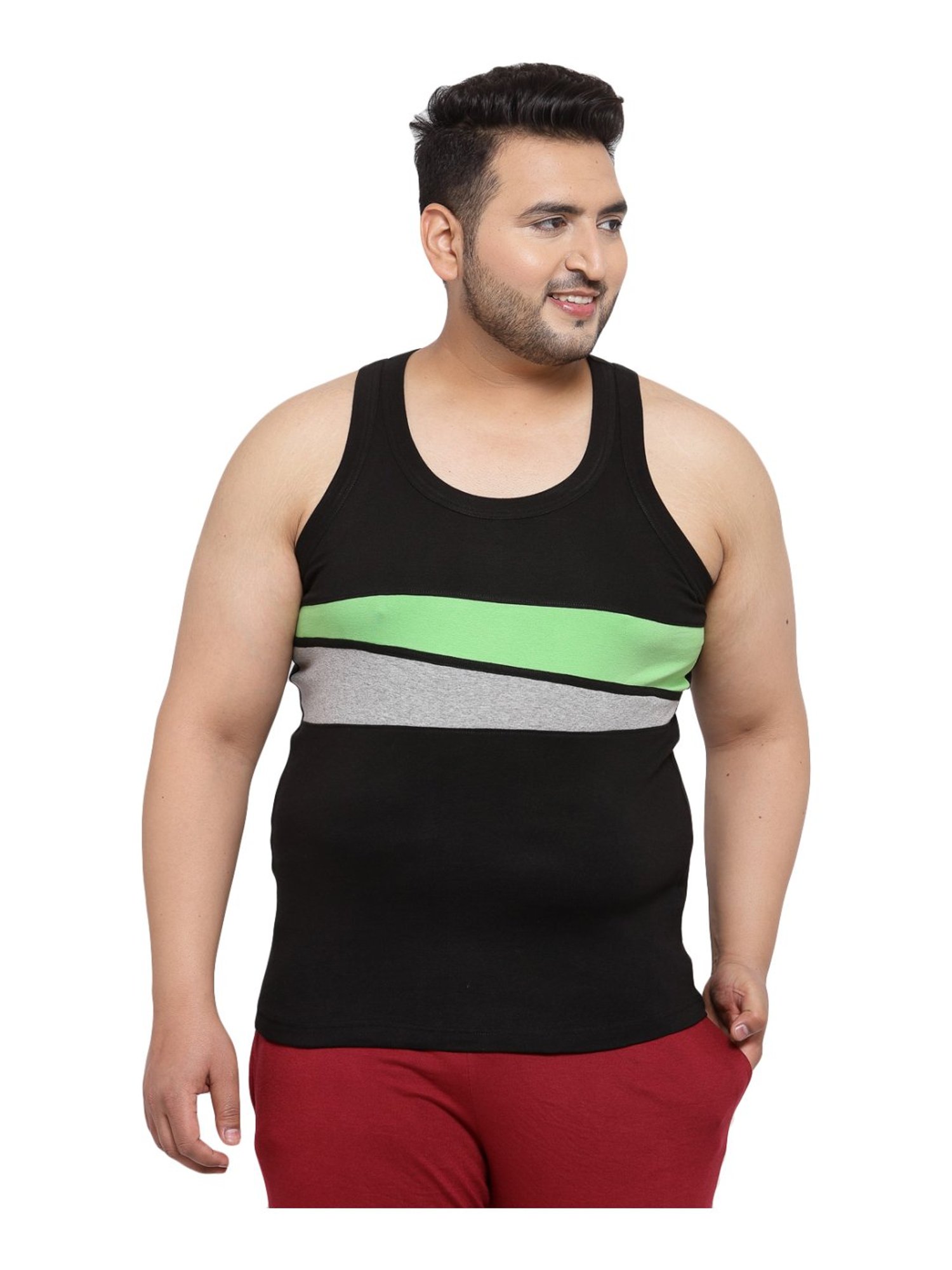 Melon by PlusS Black & Green Cotton Regular Fit Vest