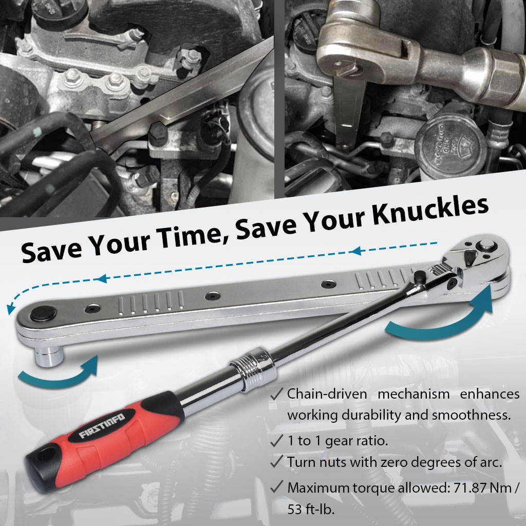 FIRSTINFO Impact Ready Offset Extension Wrench and Low Profile Socket Set, Includes 1/4 Inch and 3/8 Inch Square Drive Adapters and 8mm to 17mm Sockets with 0 Degree Swing Arc for Confined Fasteners