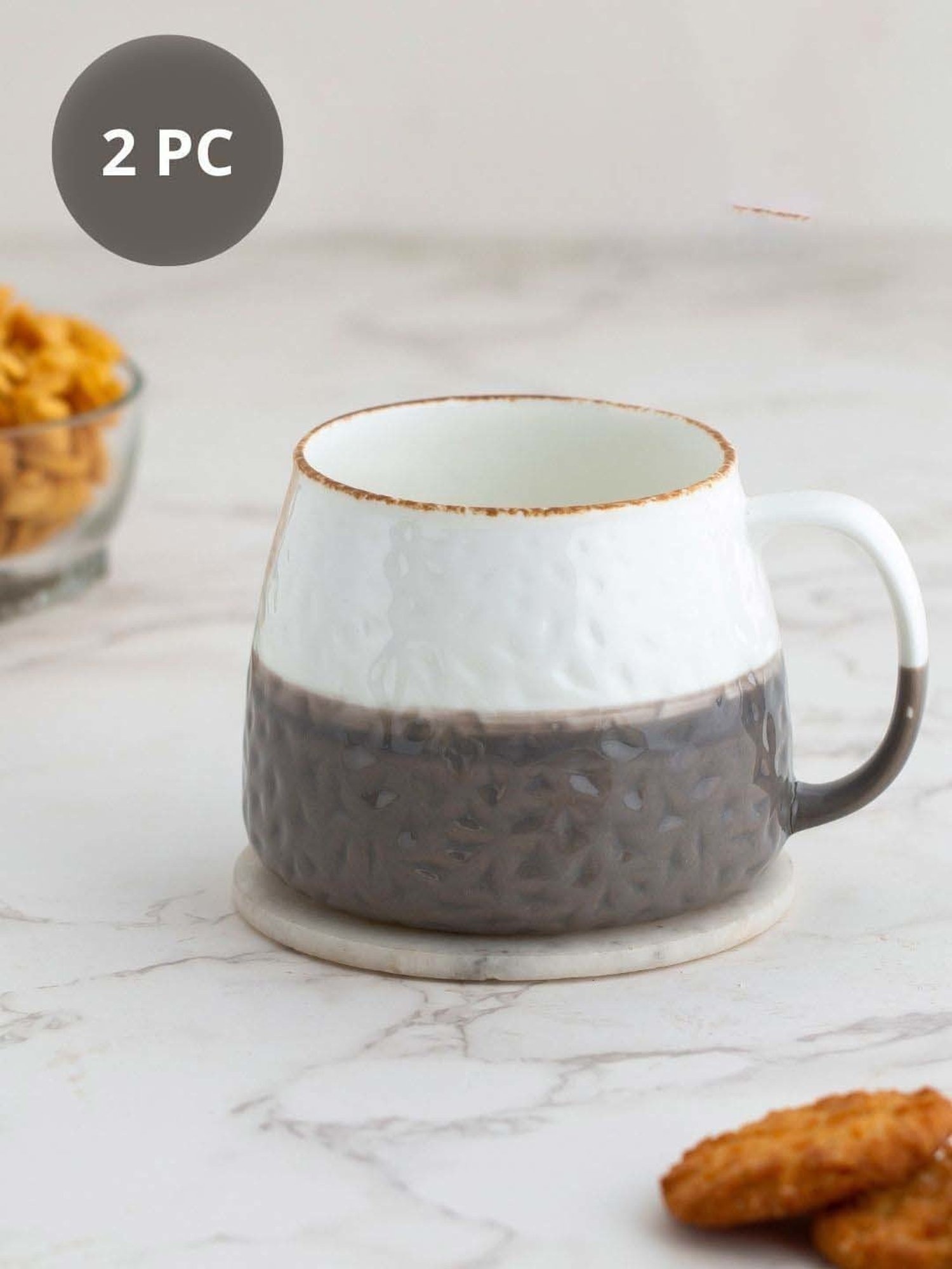 Clay Craft Tetra Off-White & Grey Ceramic Mug (0.35 L) - Set of 2