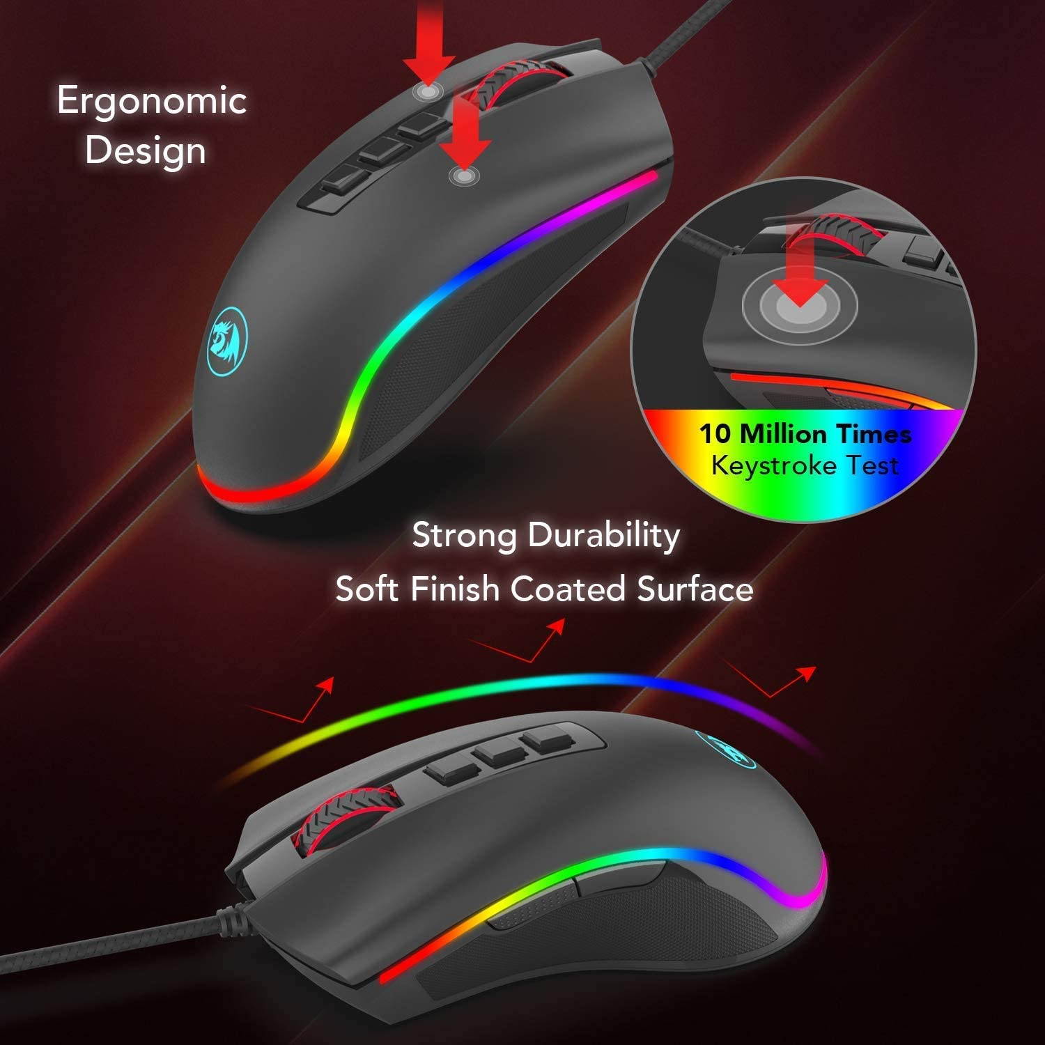 Cobra game mouse, 16.8 million RGB color backlight,10,000 DPI adjustable, comfortable grip,7 programmable buttons