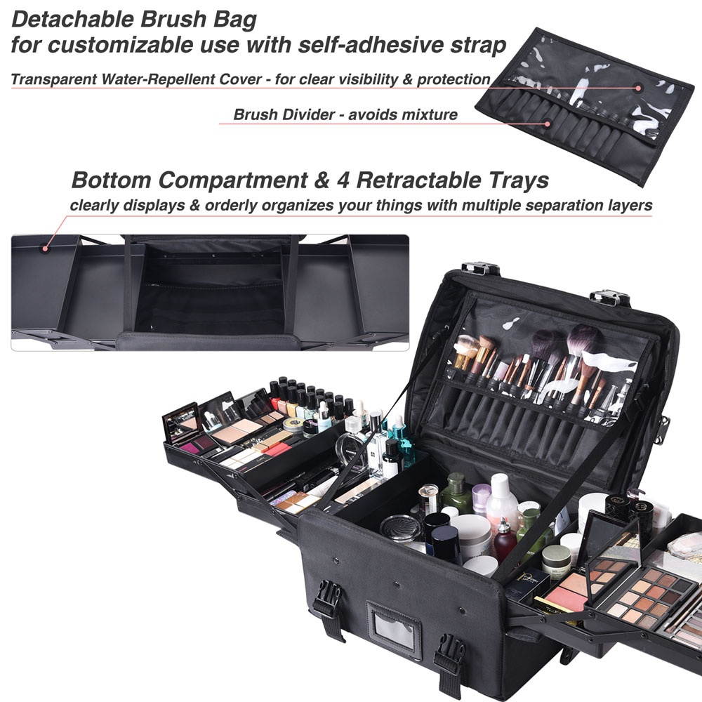 Byootique&reg; 1680D Nylon Makeup Train Case Pockets Travel Hard Bag Artist Cosmetic Organizer with Tray