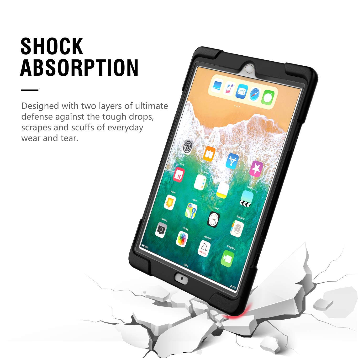 MoKo Fit 2018/2017 iPad 9.7 6th/5th Generation - Shockproof Protection Rugged Protective Heavy Duty iPad Case With 360 Degree Rotate Stand, Hand Strap, Shoulder Strap, Pencil Holder - Black