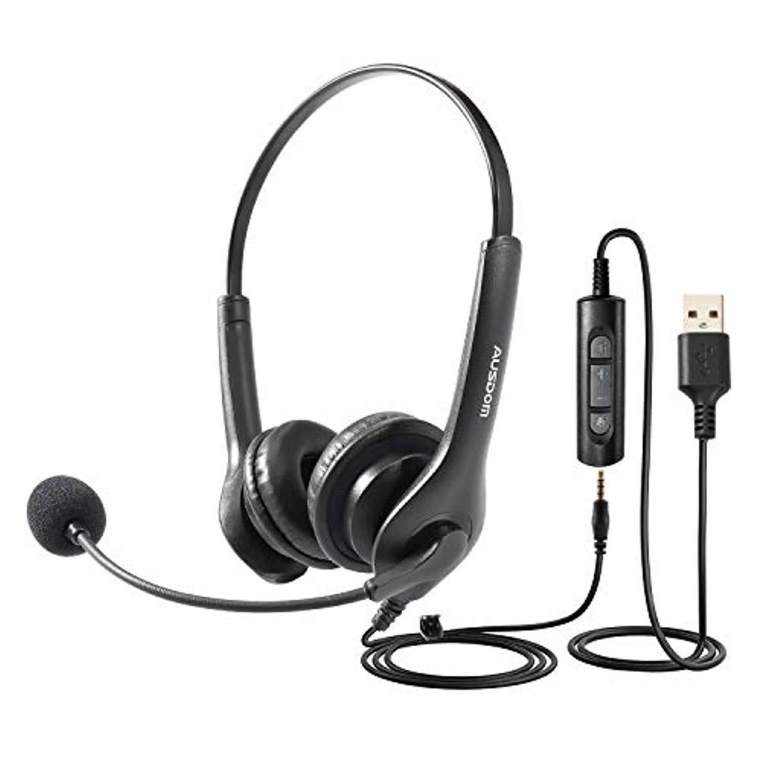 AUSDOM BS01 USB Headset with Noise Cancelling Microphone,3.5mm Wired Computer Headphones Business Headset for Skype Webinar Cell Phone Office Call Center Work at Home Video Conference Laptop PC VOIP