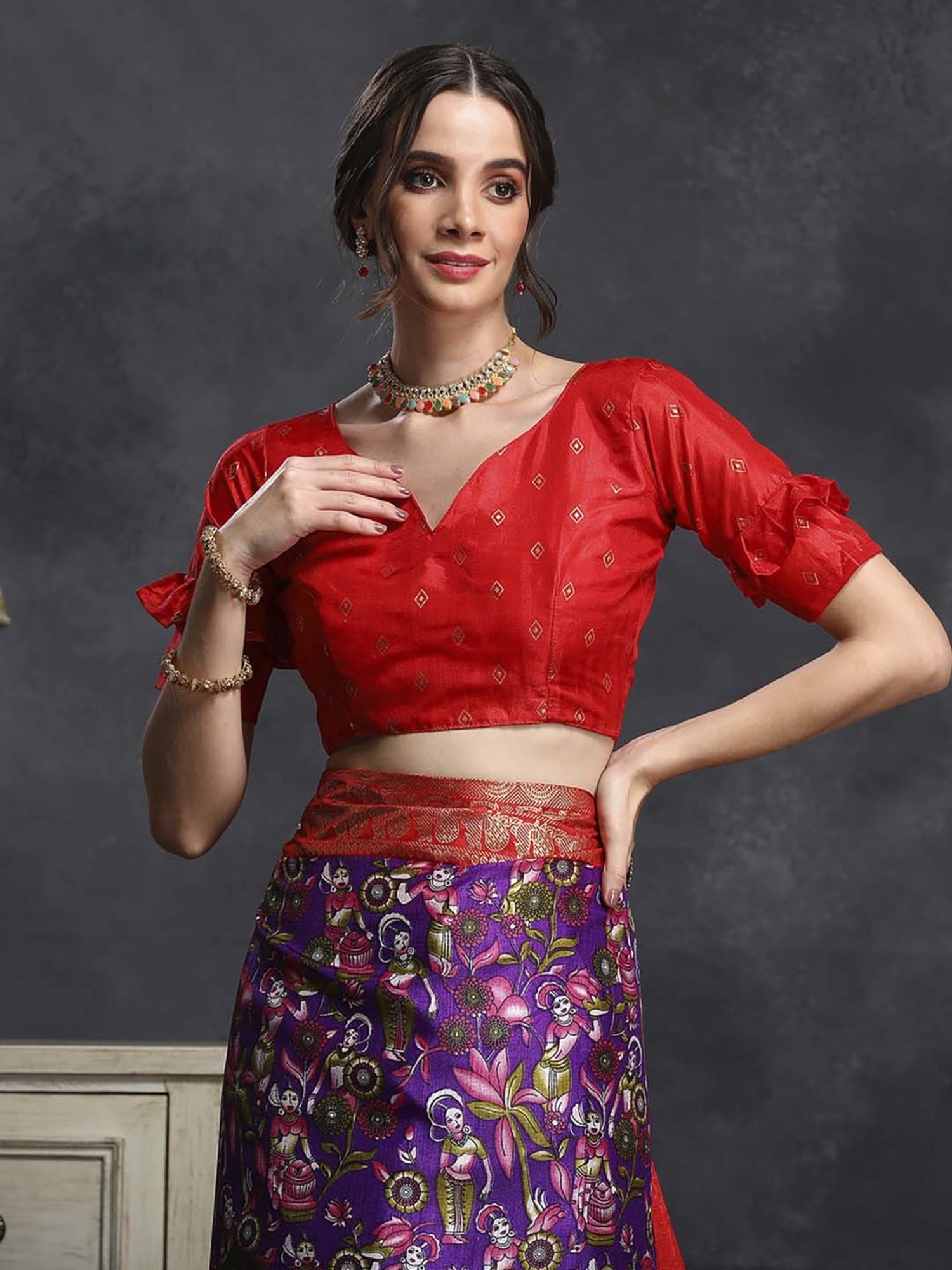 Saree Mall Purple & Red Silk Printed Saree With Unstitched Blouse