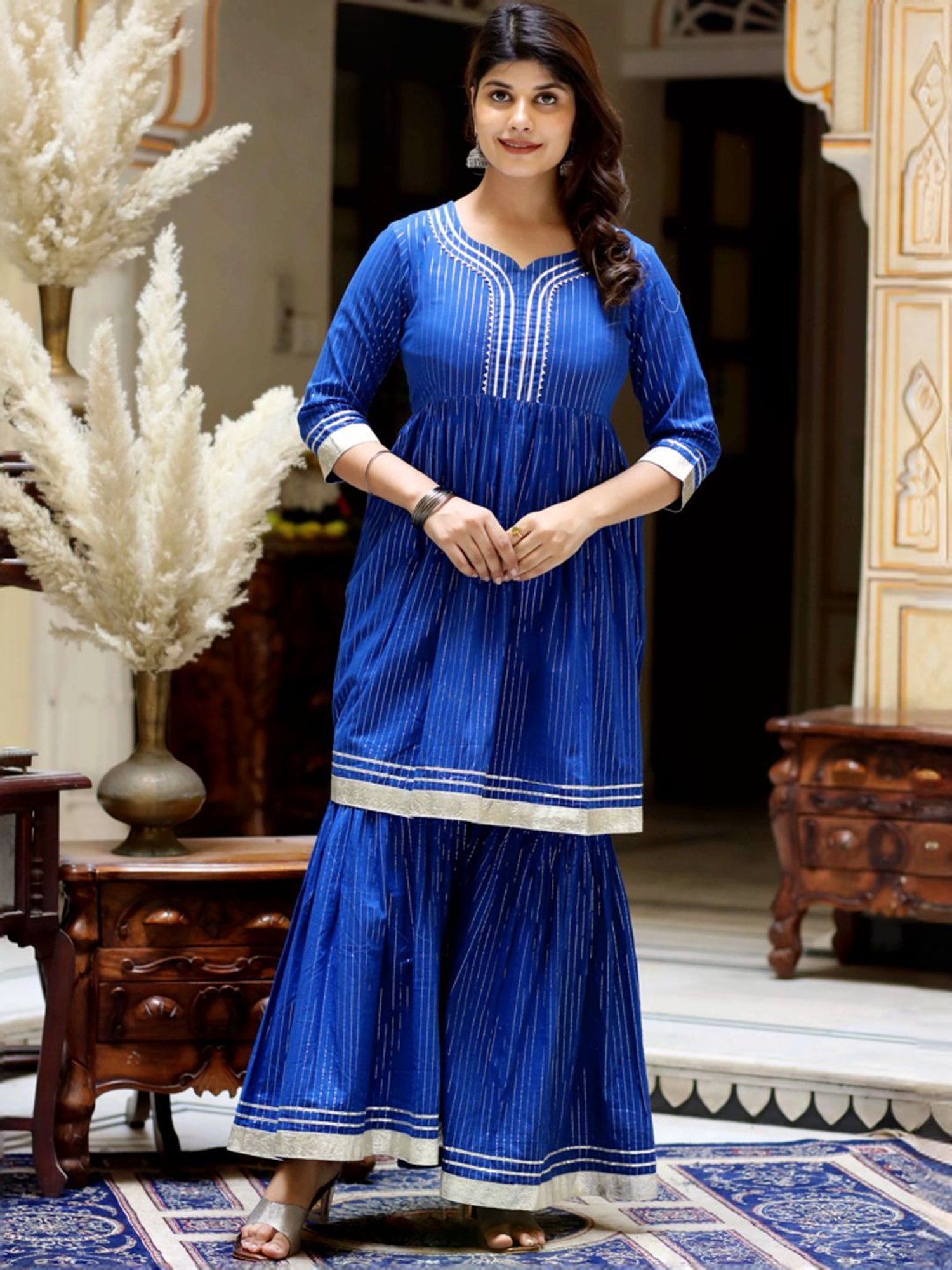 Miravan Blue Cotton Striped Kurti Sharara Set
