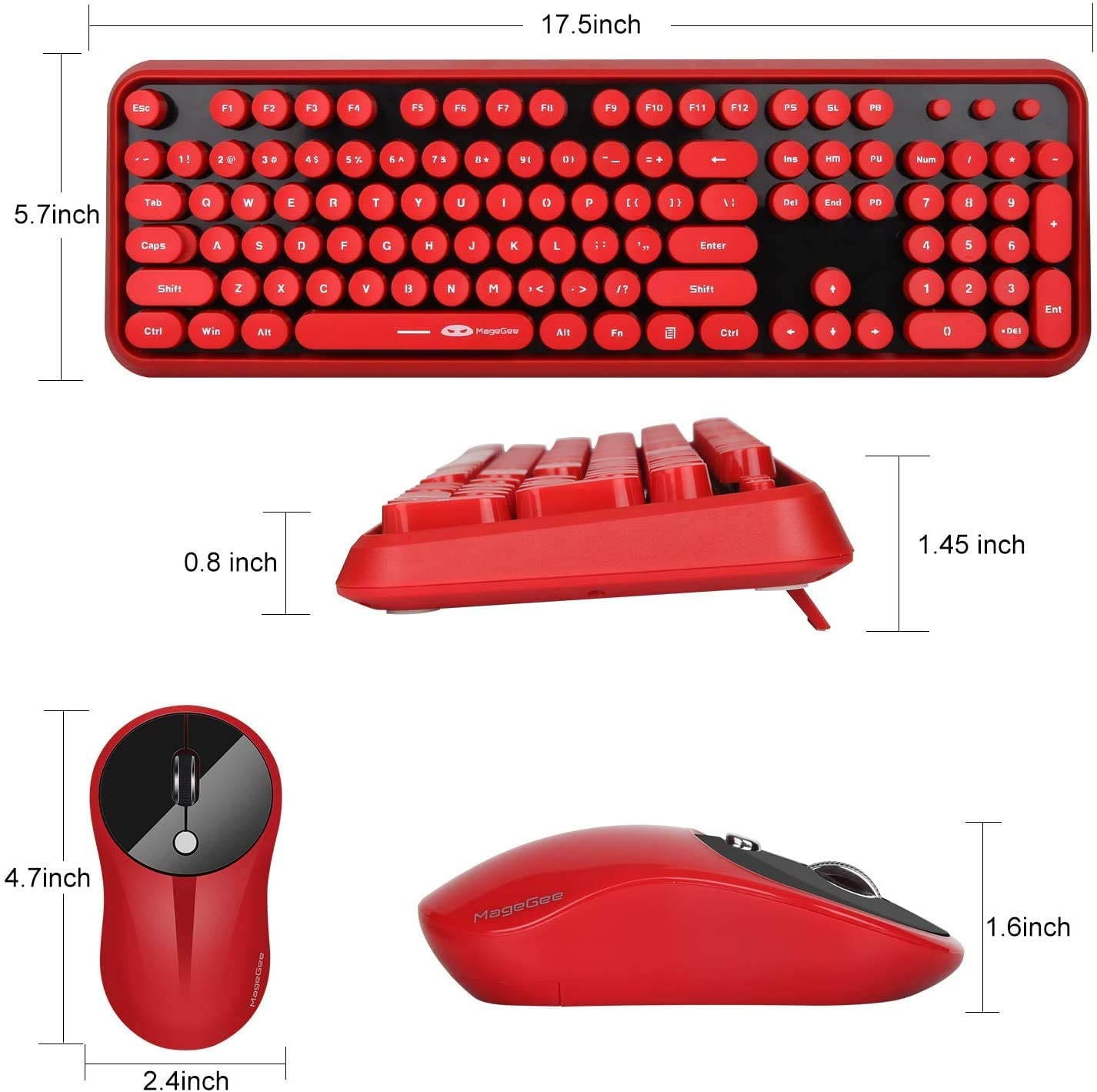 Wireless Keyboard and Mouse Combo, 2.4G Cute Round Mute Keyboard Mouse Set for Laptop, Computer, Mac(Red Black)