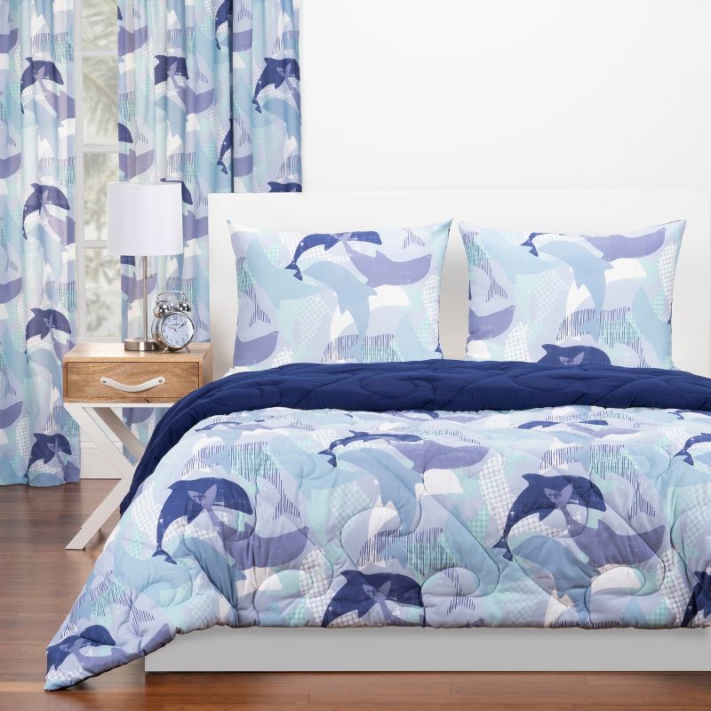 Full/Queen Life's Porpoise Reversible Comforter Set With Sham Blue - Crayola