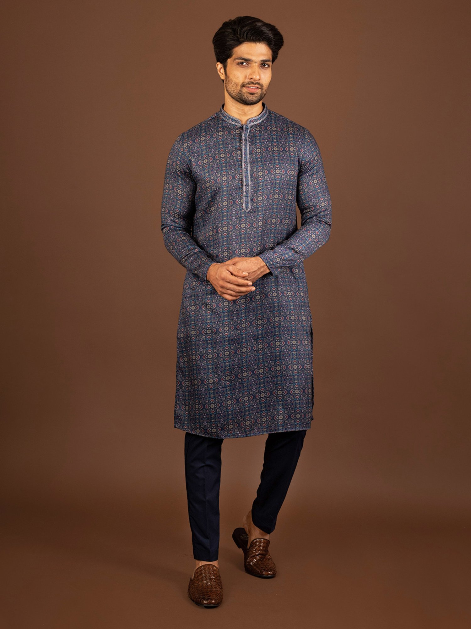 KISAH Navy Regular Fit Printed Kurta & Pants Set