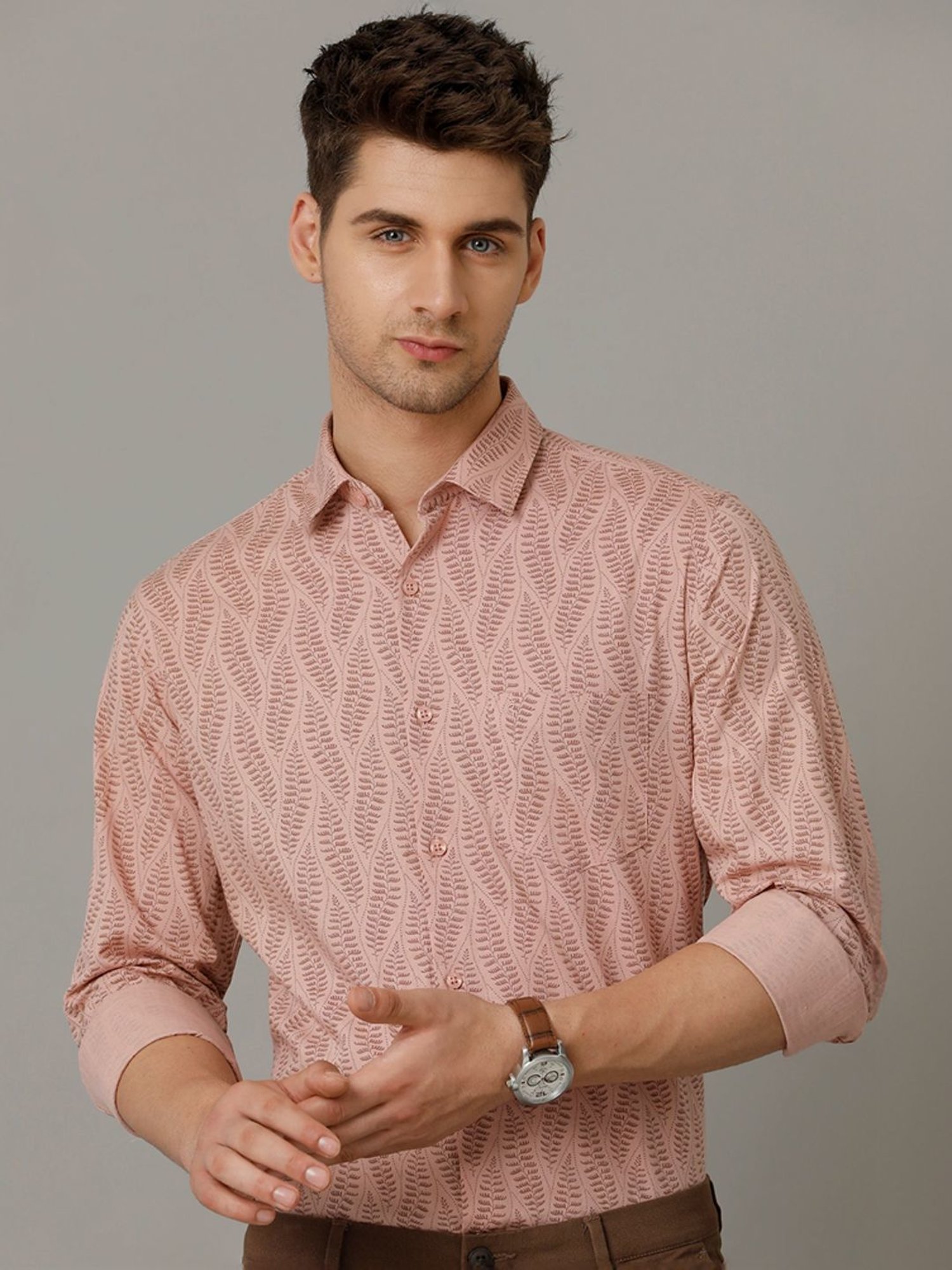 Cavallo By Linen Club Peach Linen Contemporary Fit Printed Shirt