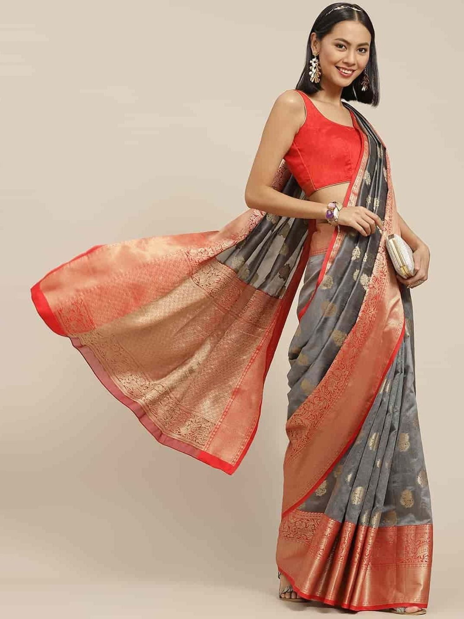 Unnati Silks Grey Cotton Printed Saree With Unstitched Blouse