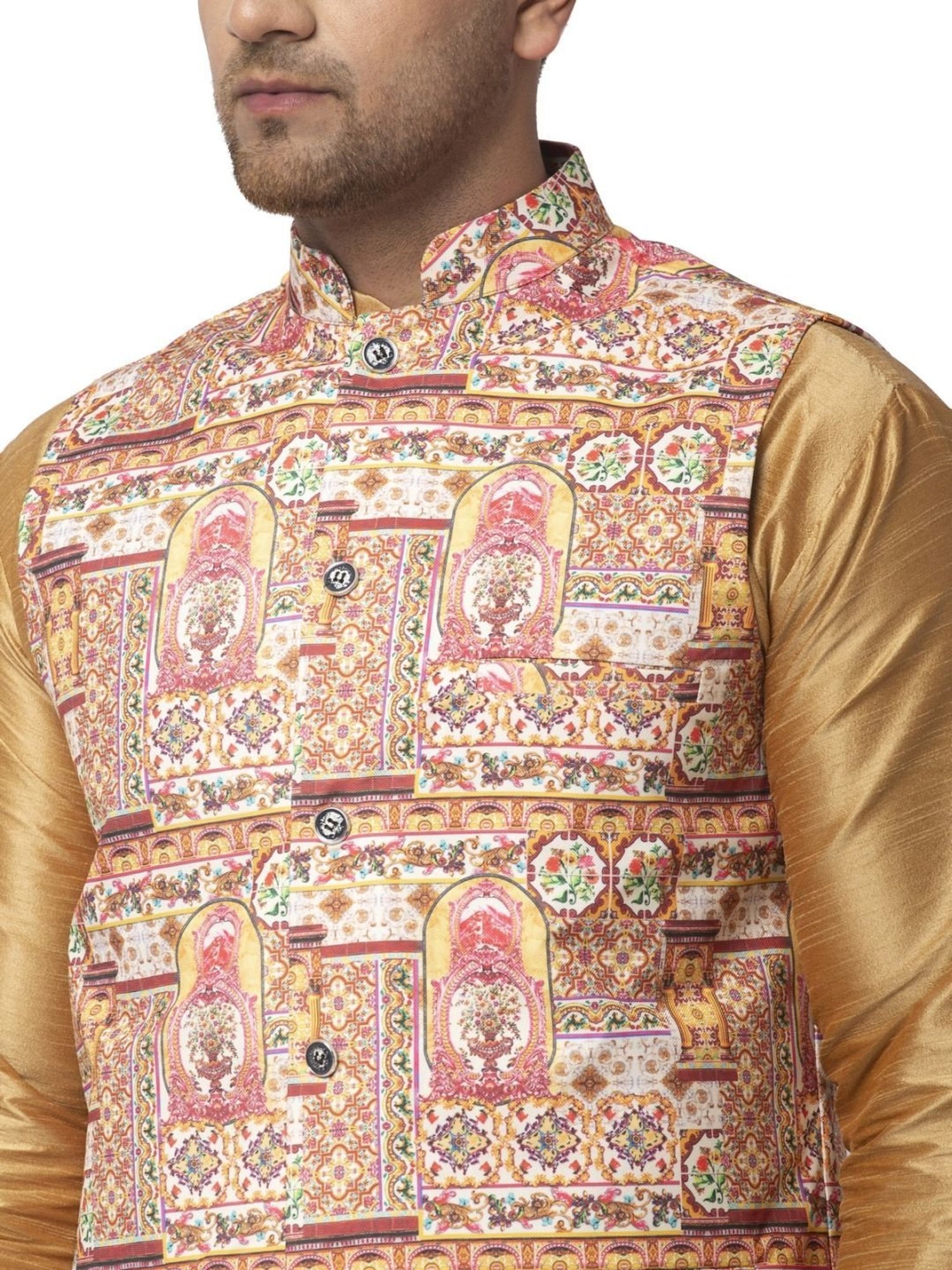Benstoke Copper & Yellow Regular Fit Paisley Kurta Set With Jacket