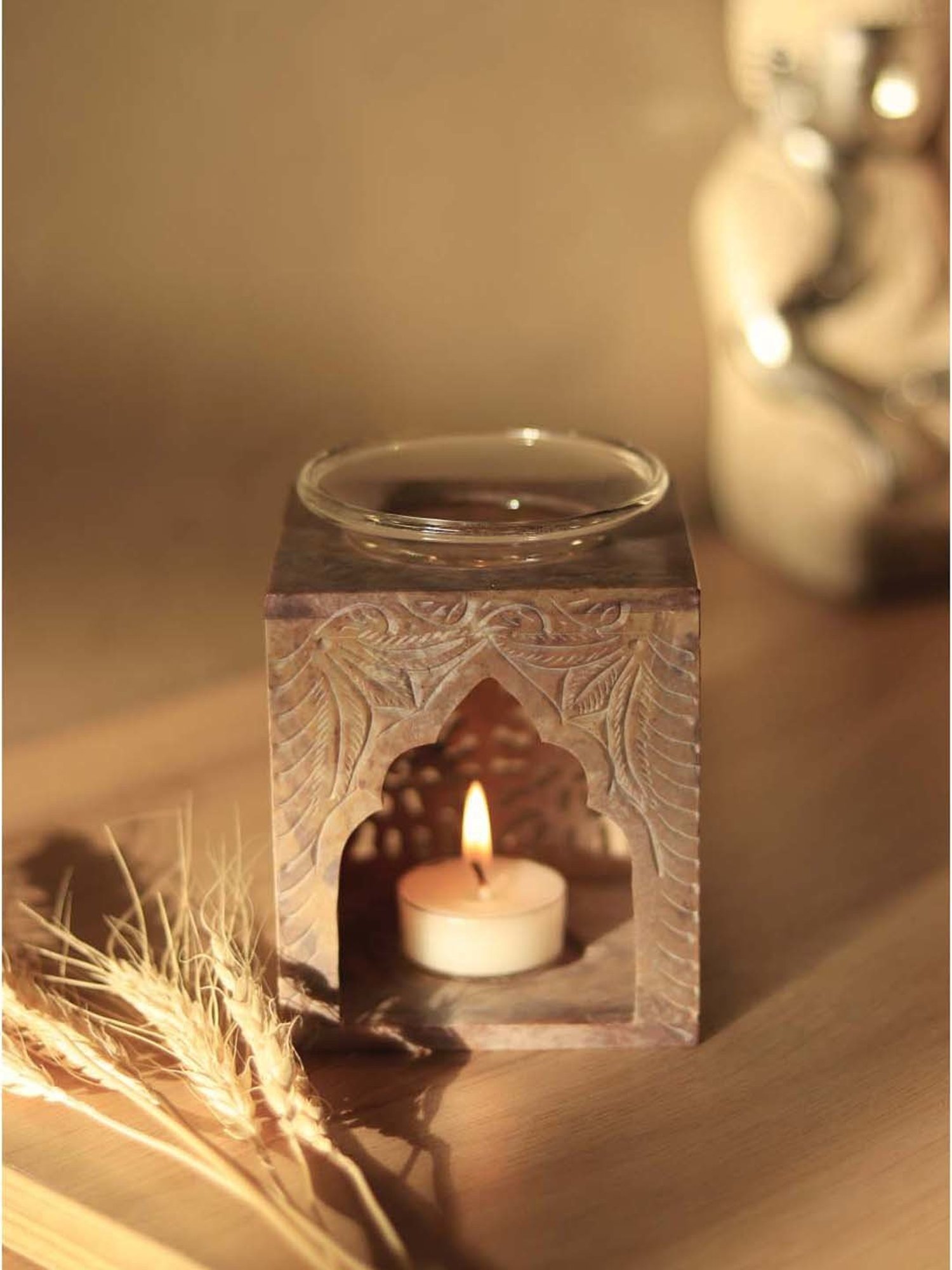 Unravel India 'Flower Motif' Brown Marble Aroma Diffuser With Oil Burner - Set of 1