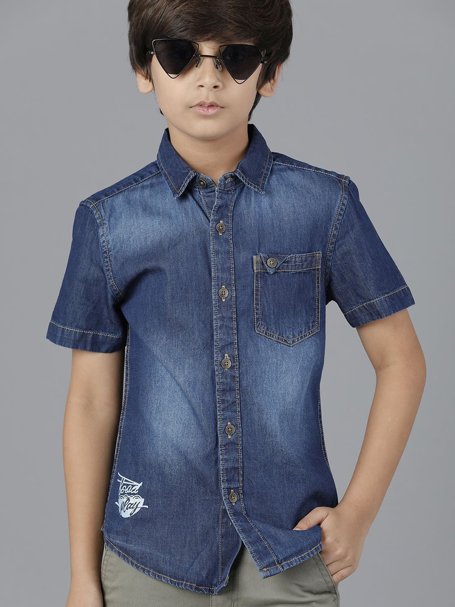 Under Fourteen Only Kids Navy Cotton Regular Fit Shirt