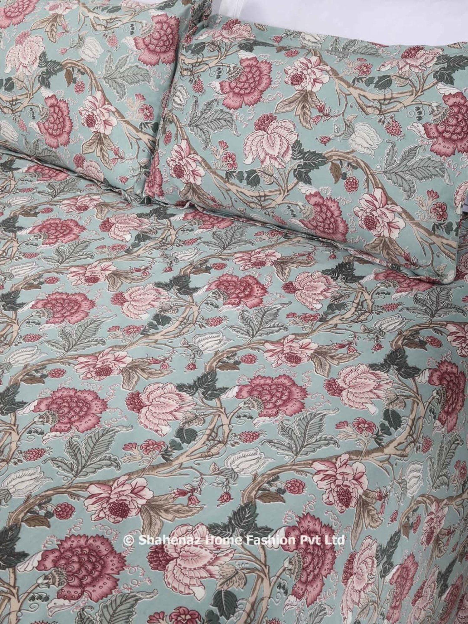 Shahenaz Blue 120 TC Cotton Blooming Chintz Double Bedsheet with 2 Pillow Covers