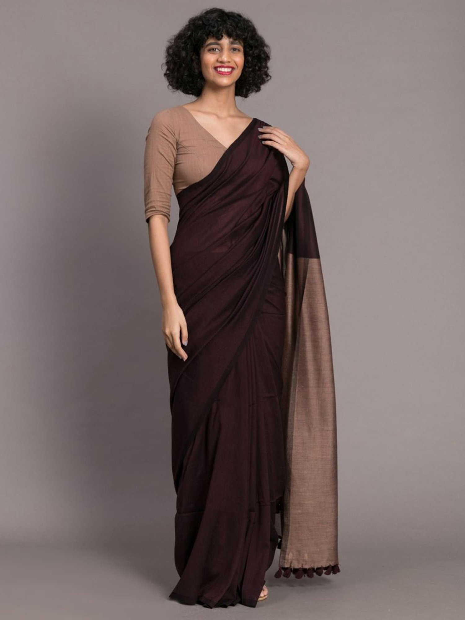 Suta Brown Plain Saree Without Blouse