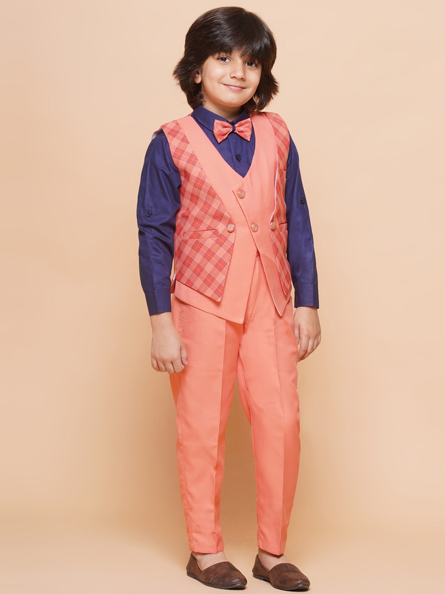 AJ Dezines Kids Peach & Navy Checks Full Sleeves Shirt, Pants, Waistcoat with Bow Tie