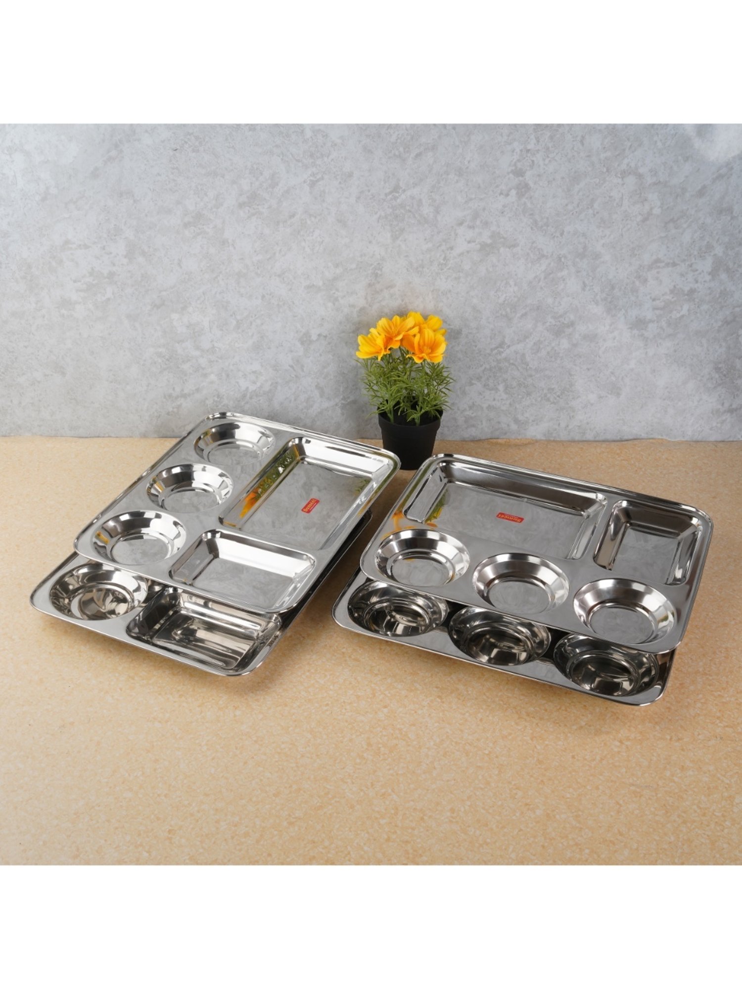 Sumeet S.S. Rectangular 5 in 1 Compartment Lunch/Dinner Plate Set of 4Pcs, 33.5cm Dia, Silver