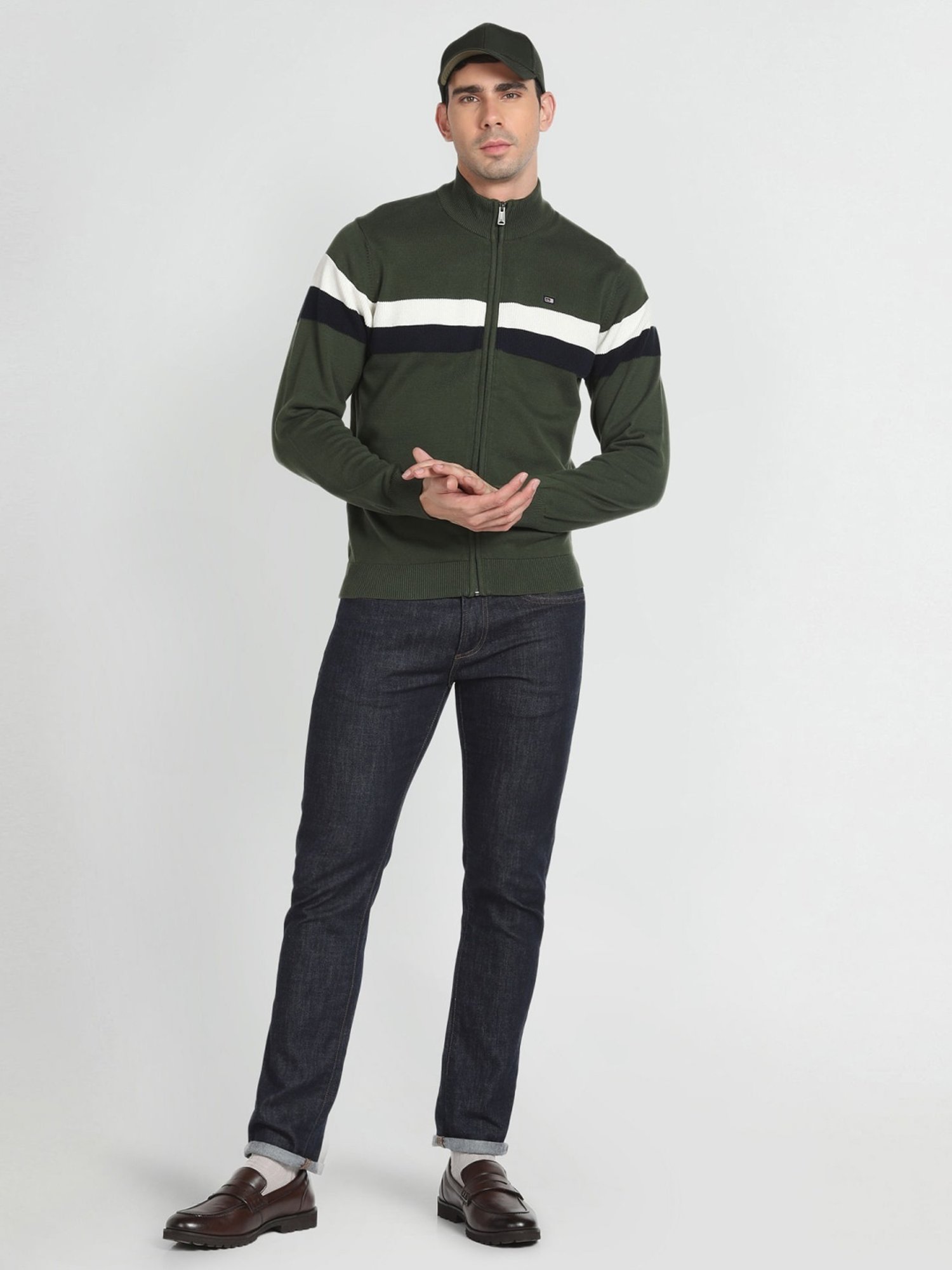 Arrow Sport Olive Cotton Regular Fit Striped Sweater
