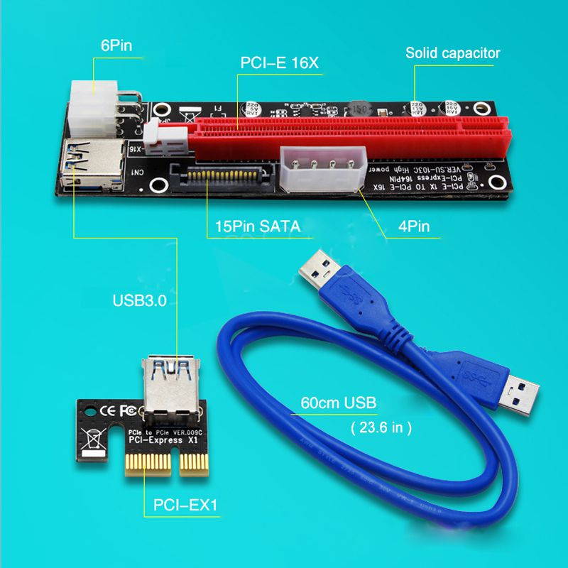 Ubit 4 Pack Latest PCI-E Riser Express Cable PCIE X1 to PCIE X16 (6pin / MOLEX/SATA) with Led Graphics Extension Ethereum ETH Mining Powered Riser Adapter Card+60cm USB 3.0 Cable