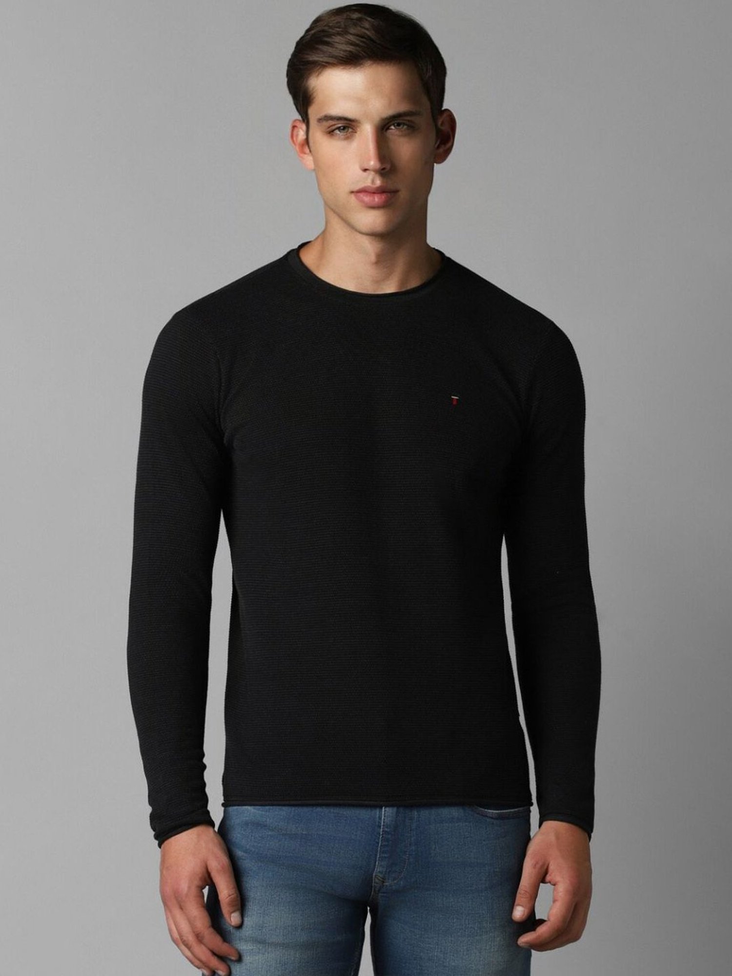Louis Philippe Black Cotton Slim Fit Textured T-Shirt
