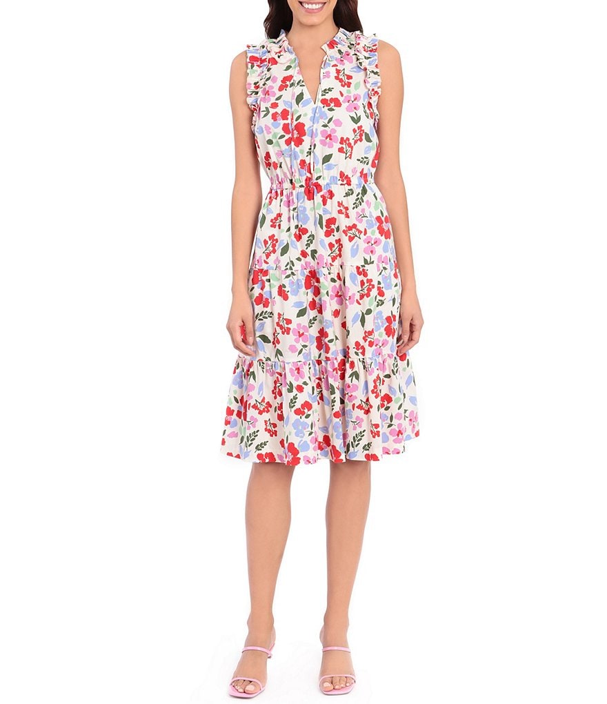 Maggy London Petite Size Sleeveless Poplin Floral Split V-Neck Dress