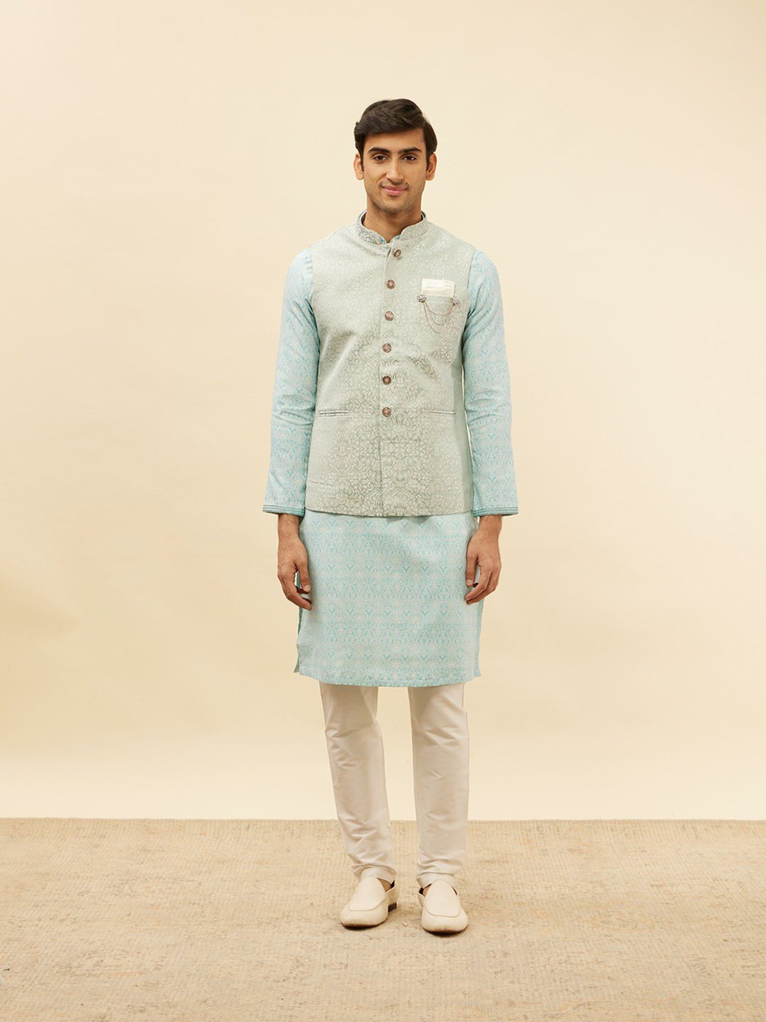 Manyavar Light Blue Regular Fit Jacquard Nehru Jacket