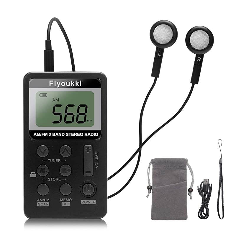 Pocket Small Radio by  Personal Mini AM FM Portable Digital Tuning Transistor Radios with Best Reception Earphones Lanyard and Rechargeable Battery for Walking Jogging Exercising Black