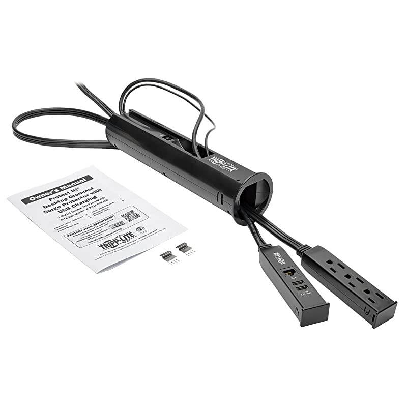 3 Outlet Desktop Surge Protector Power Strip for Grommet Installation 2 USB Charging Ports RJ45 Black 10ft Cord TLP310DMUSB