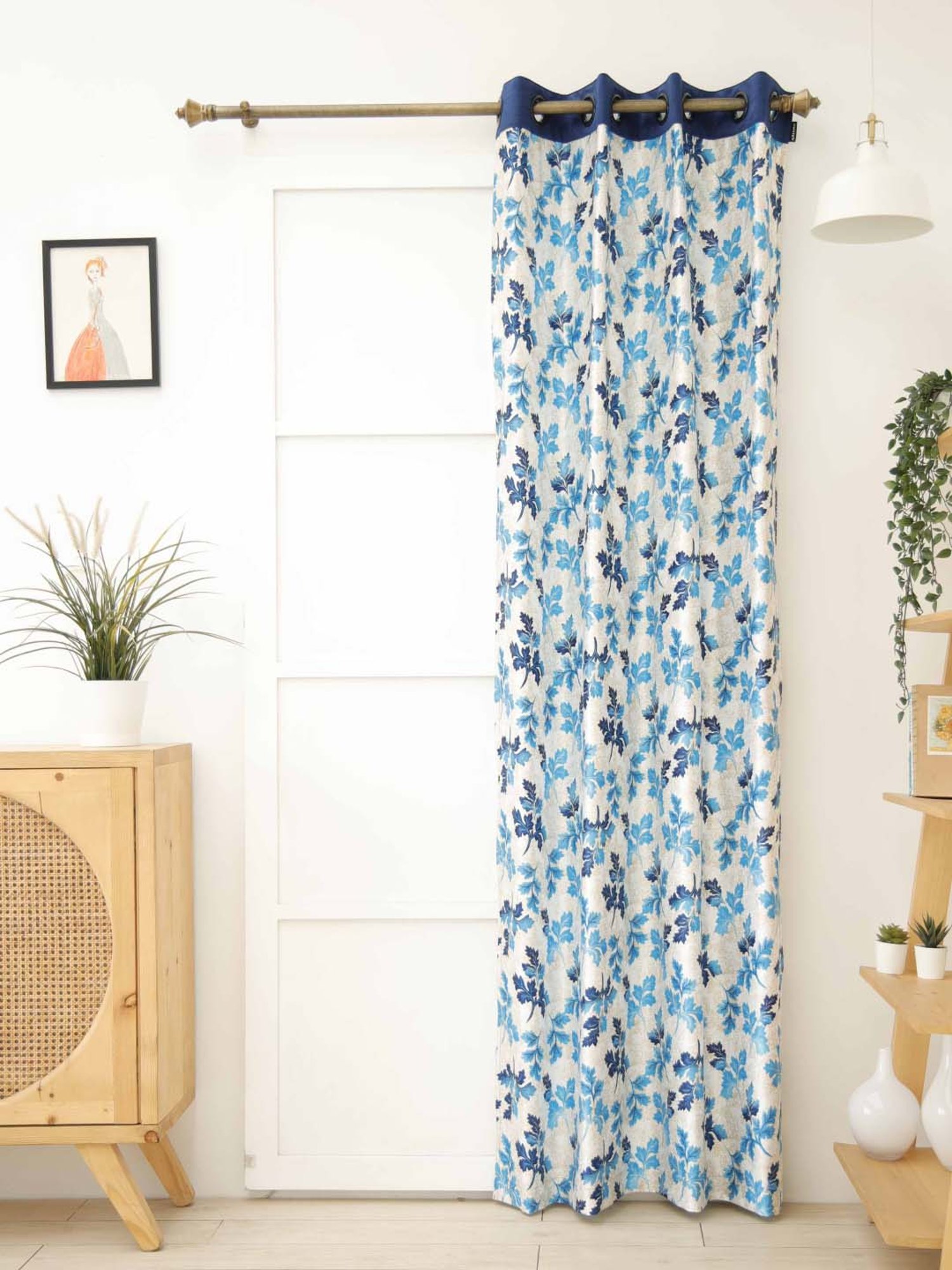 Ariana Blue & White Polyester 7-feet Long Flora Foliage Design Curtain - Single Piece
