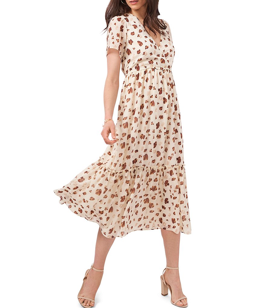 1. STATE Floating Leopard Tiered V-Neck Short Sleeve Maxi Dress